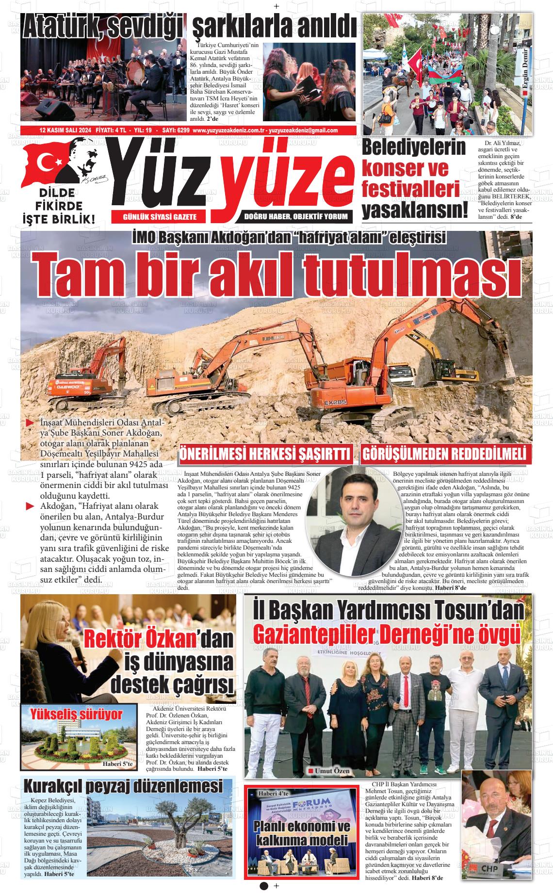 12 Kasım 2024 Yüz Yüze Akdeniz Gazete Manşeti