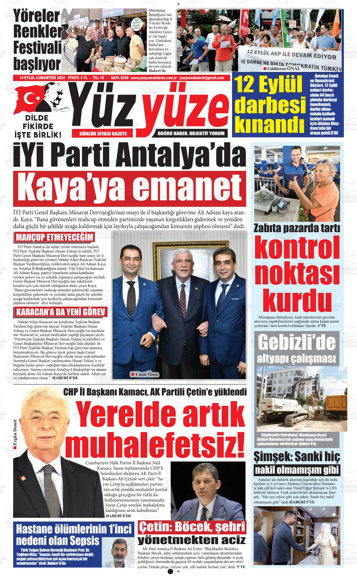 14 Eylül 2024 Yüz Yüze Akdeniz Gazete Manşeti