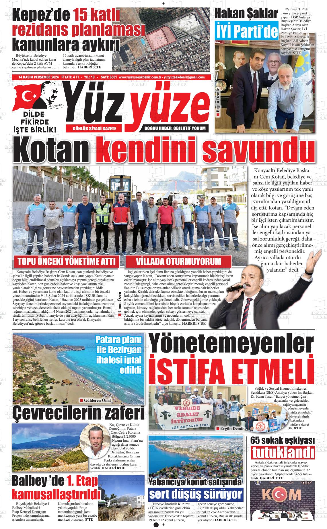 14 Kasım 2024 Yüz Yüze Akdeniz Gazete Manşeti