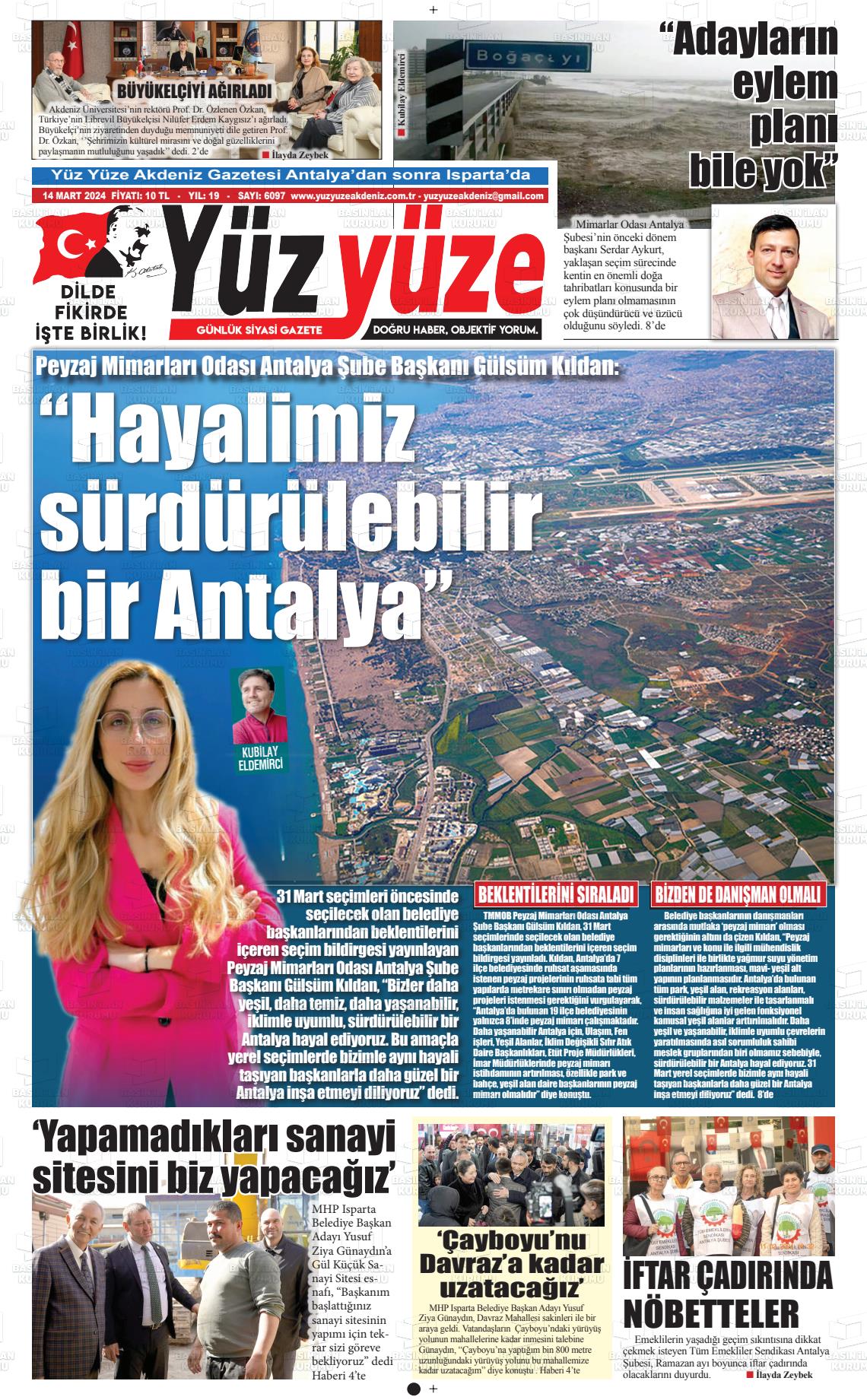 14 Mart 2024 Yüz Yüze Akdeniz Gazete Manşeti