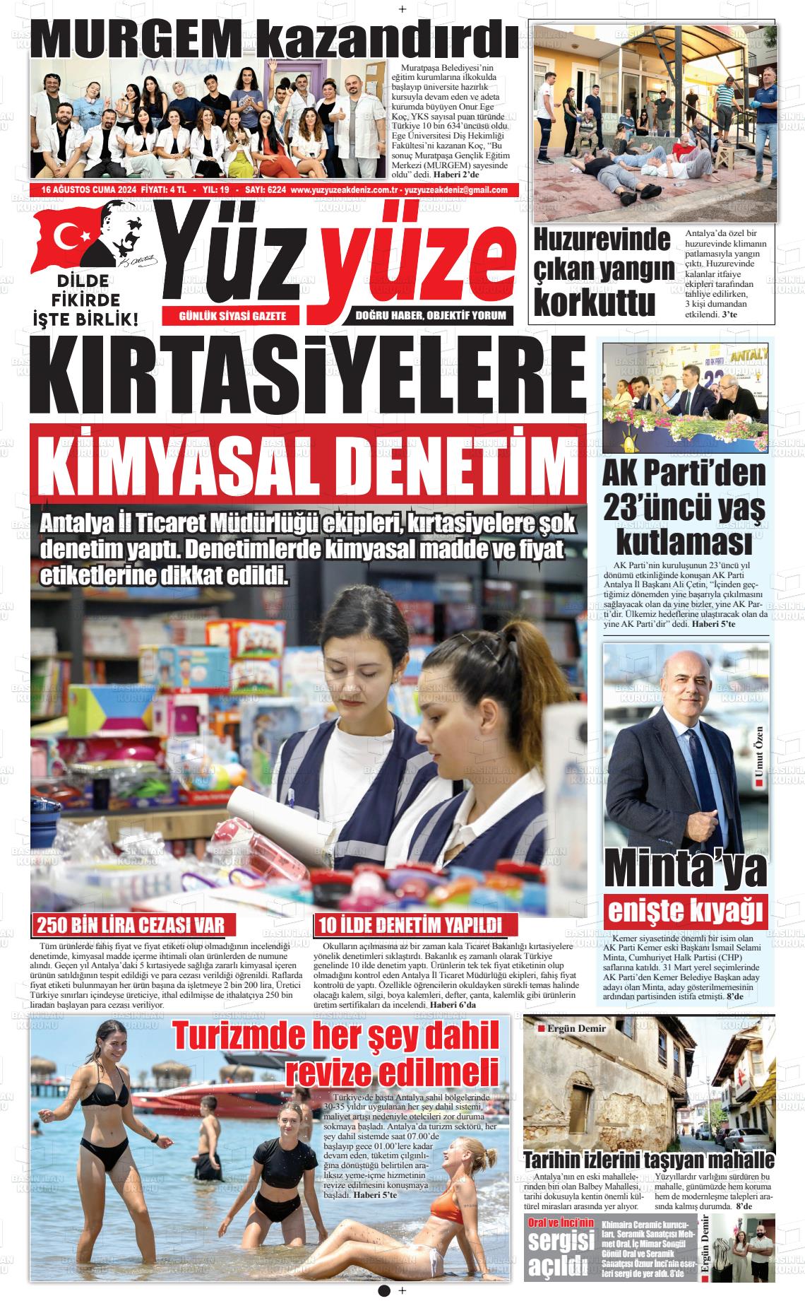 16 Ağustos 2024 Yüz Yüze Akdeniz Gazete Manşeti