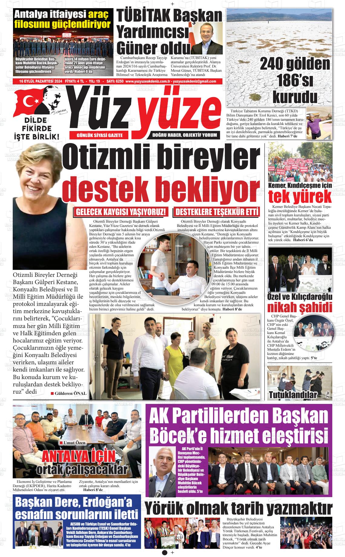 16 Eylül 2024 Yüz Yüze Akdeniz Gazete Manşeti