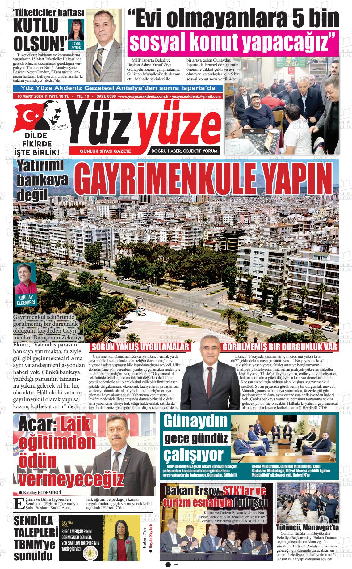 16 Mart 2024 Yüz Yüze Akdeniz Gazete Manşeti