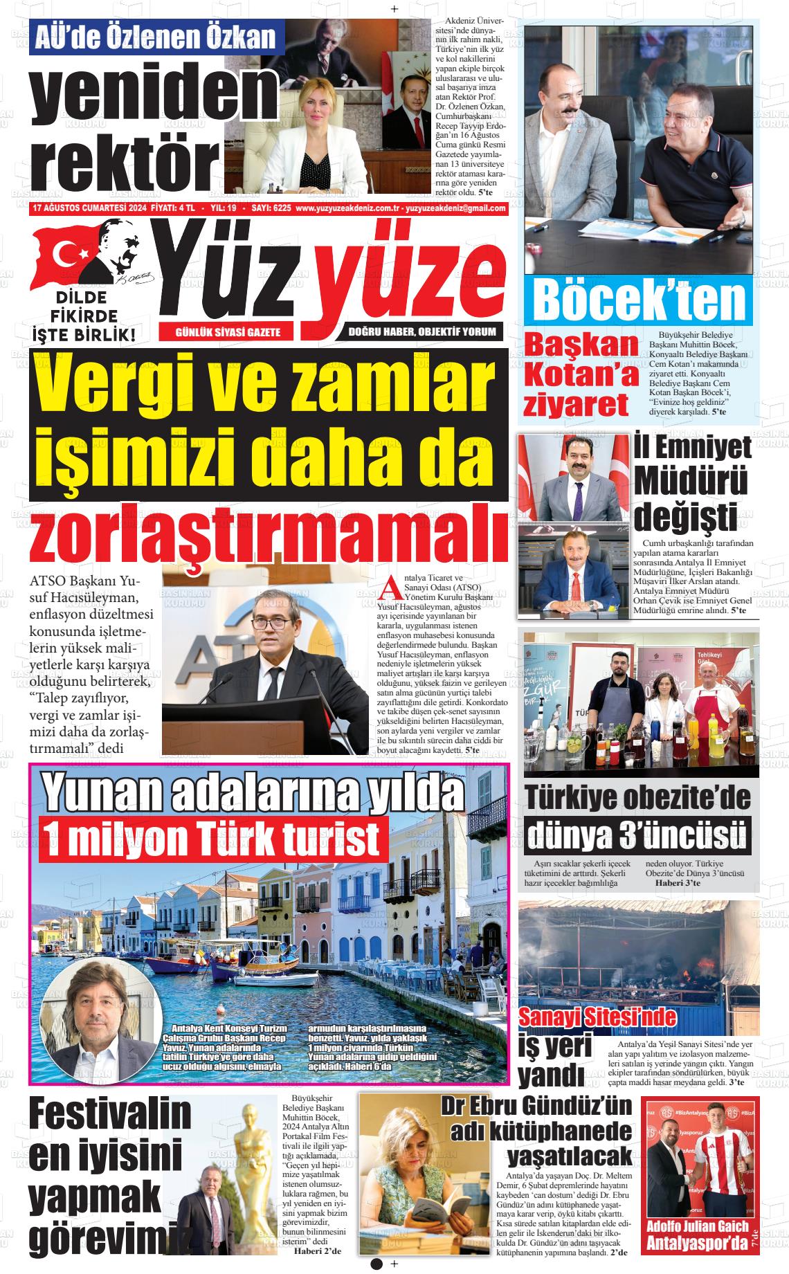 17 Ağustos 2024 Yüz Yüze Akdeniz Gazete Manşeti