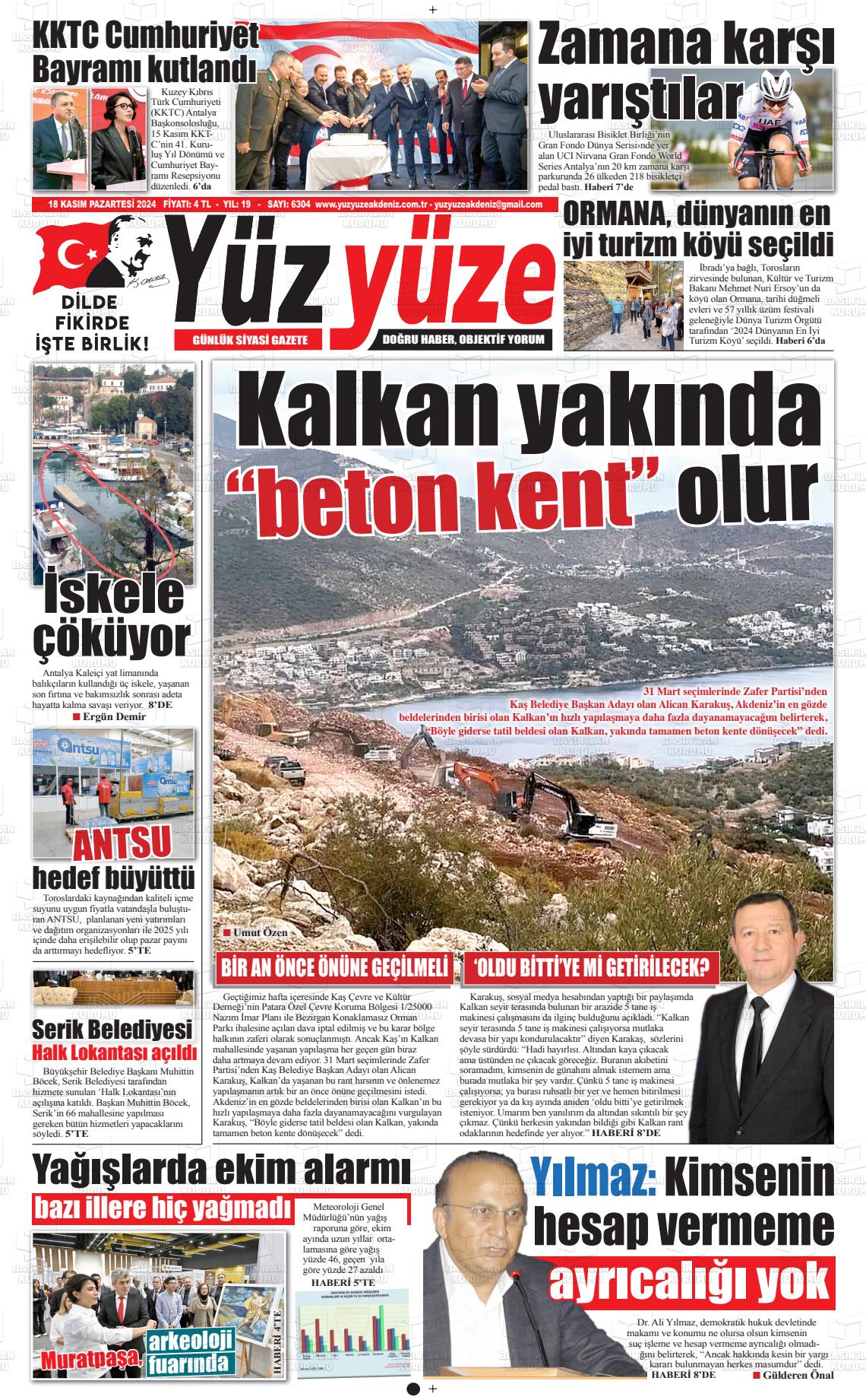 18 Kasım 2024 Yüz Yüze Akdeniz Gazete Manşeti