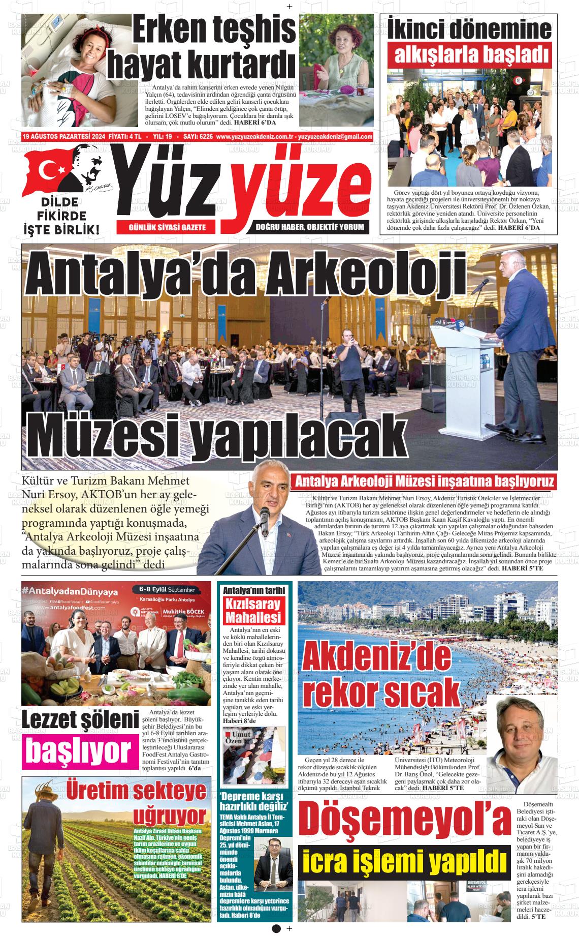 19 Ağustos 2024 Yüz Yüze Akdeniz Gazete Manşeti