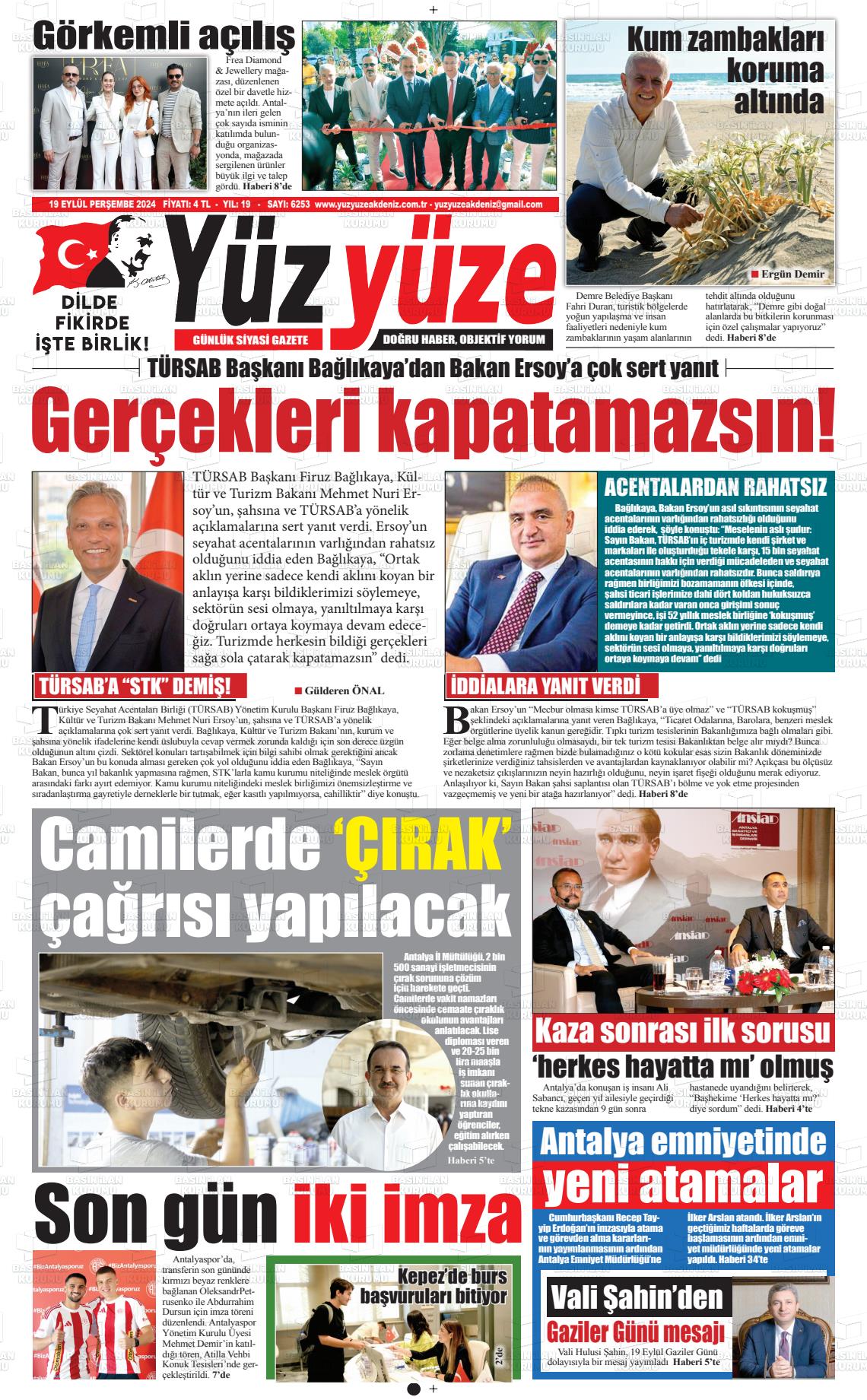 19 Eylül 2024 Yüz Yüze Akdeniz Gazete Manşeti