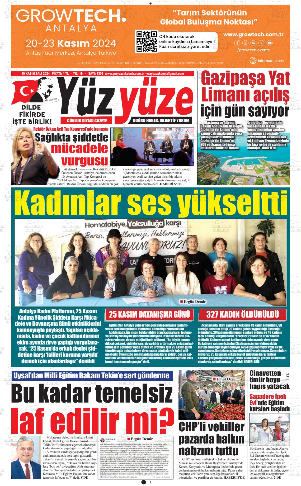 19 Kasım 2024 Yüz Yüze Akdeniz Gazete Manşeti