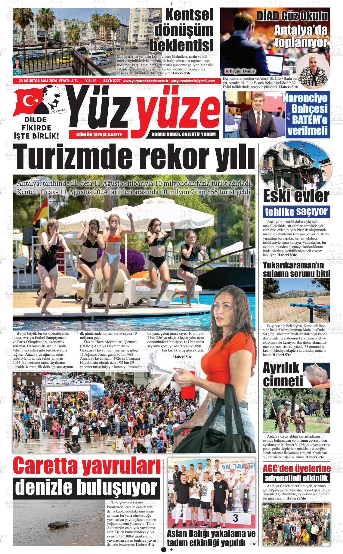 20 Ağustos 2024 Yüz Yüze Akdeniz Gazete Manşeti