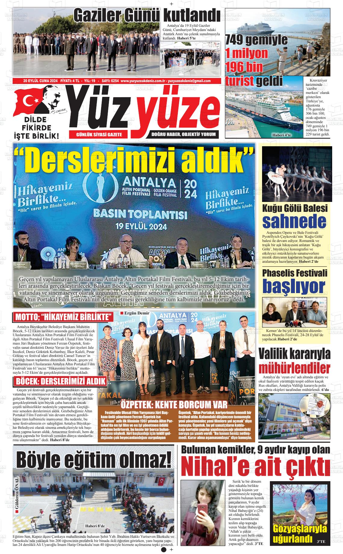 20 Eylül 2024 Yüz Yüze Akdeniz Gazete Manşeti