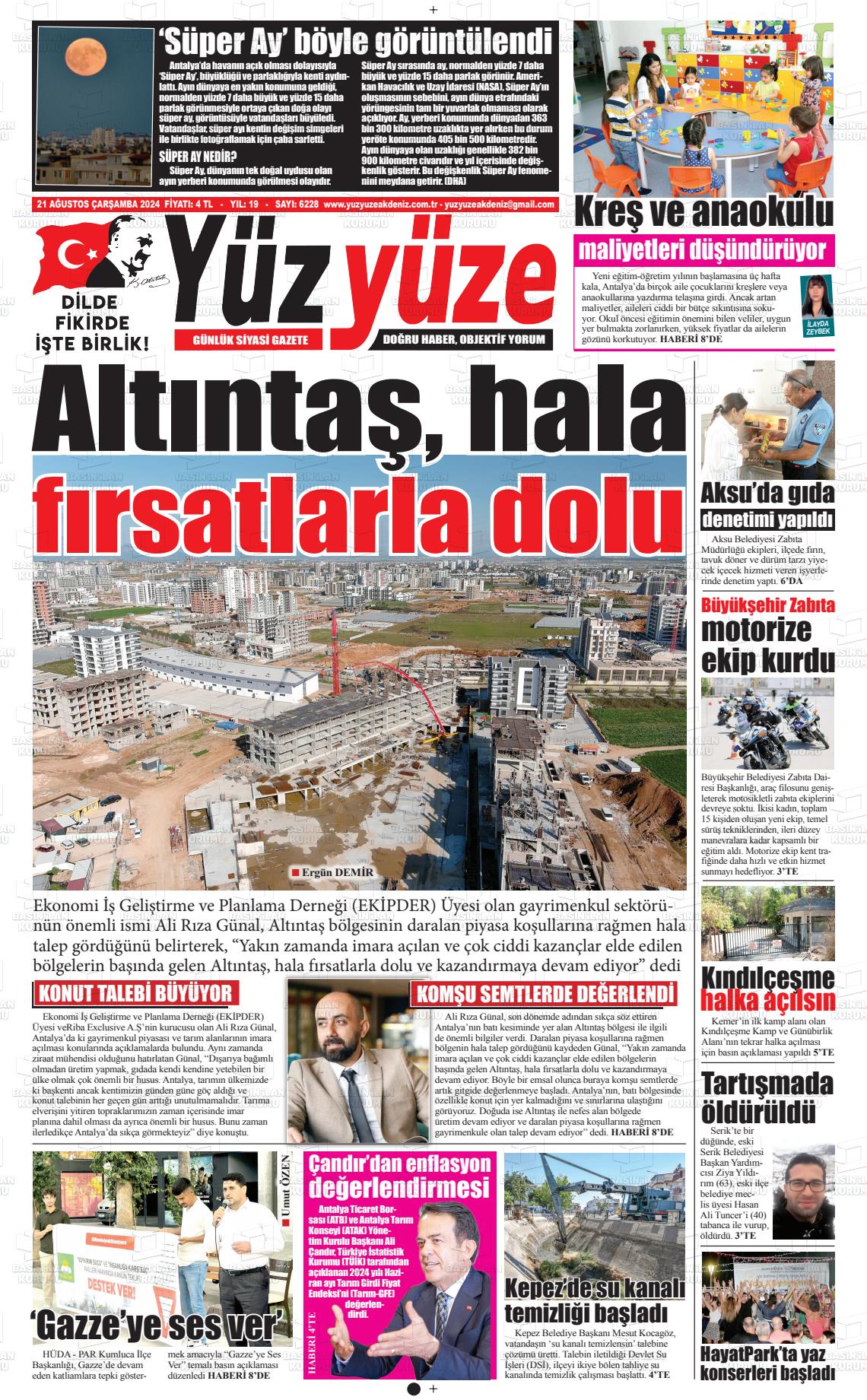 21 Ağustos 2024 Yüz Yüze Akdeniz Gazete Manşeti