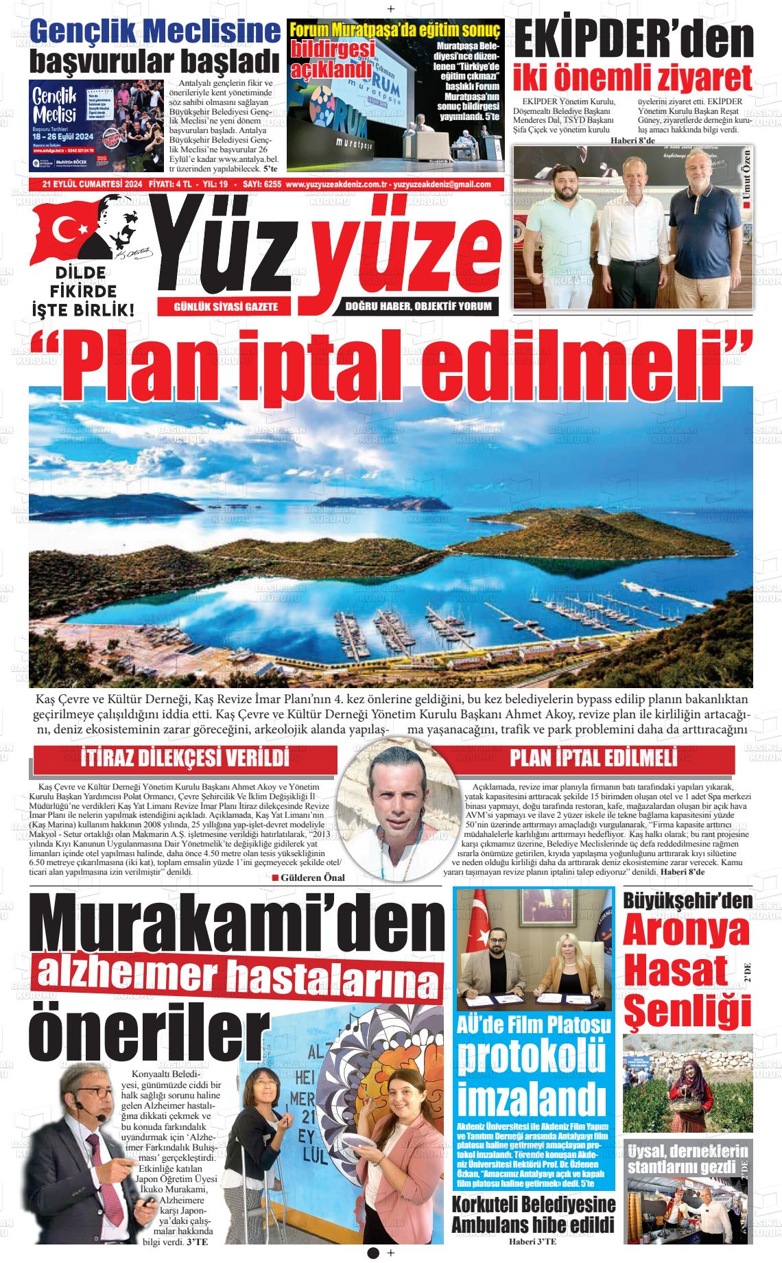 21 Eylül 2024 Yüz Yüze Akdeniz Gazete Manşeti