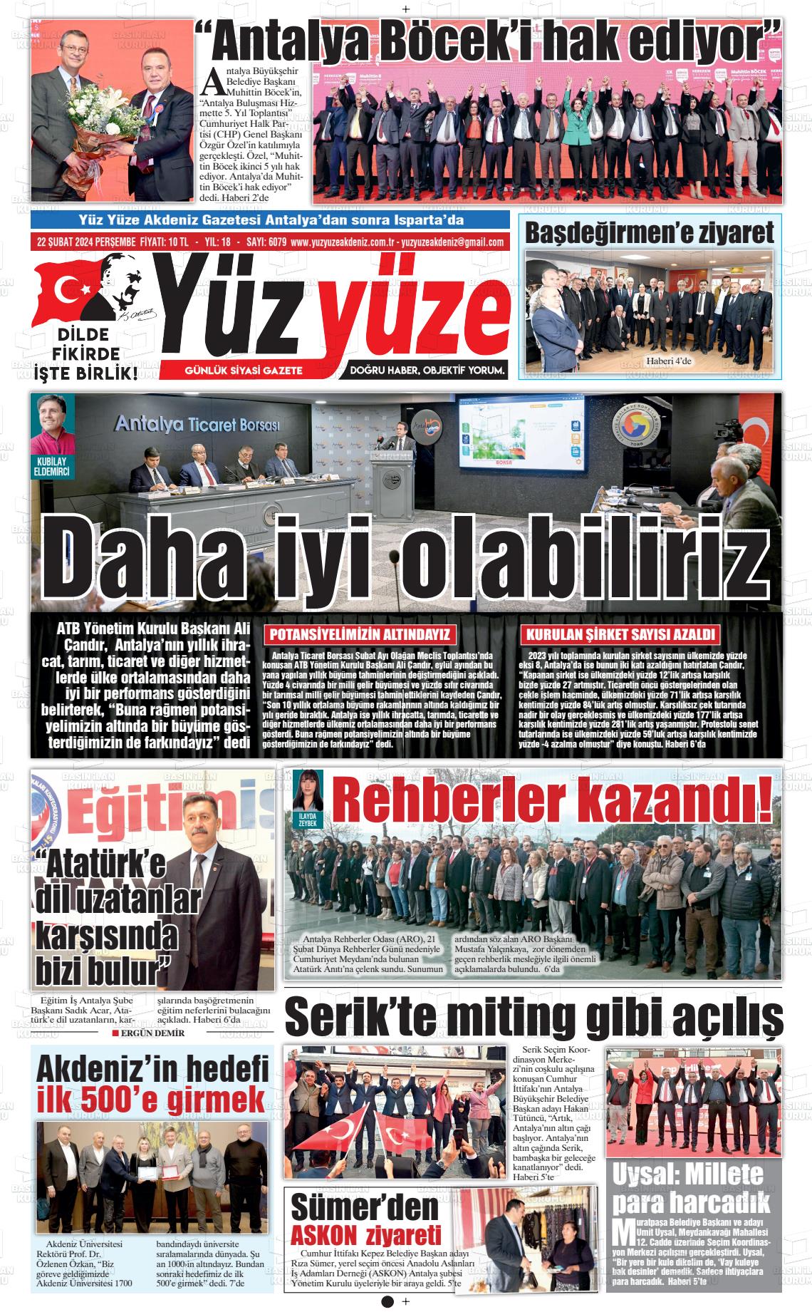 22 Şubat 2024 Yüz Yüze Akdeniz Gazete Manşeti