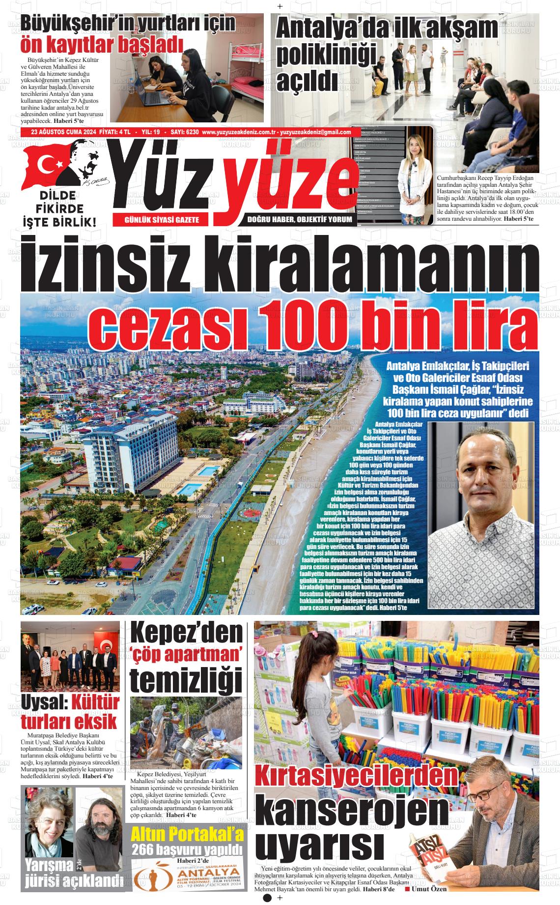 23 Ağustos 2024 Yüz Yüze Akdeniz Gazete Manşeti