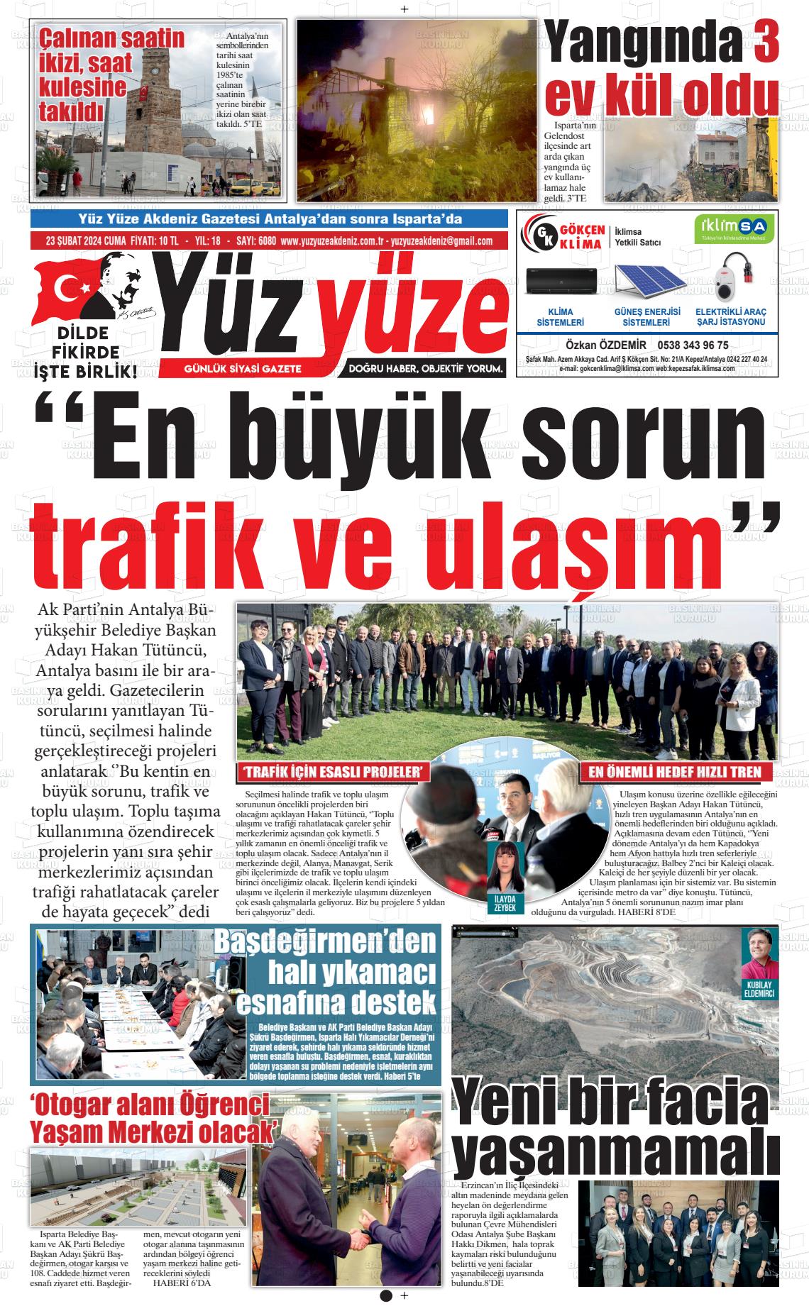 23 Şubat 2024 Yüz Yüze Akdeniz Gazete Manşeti