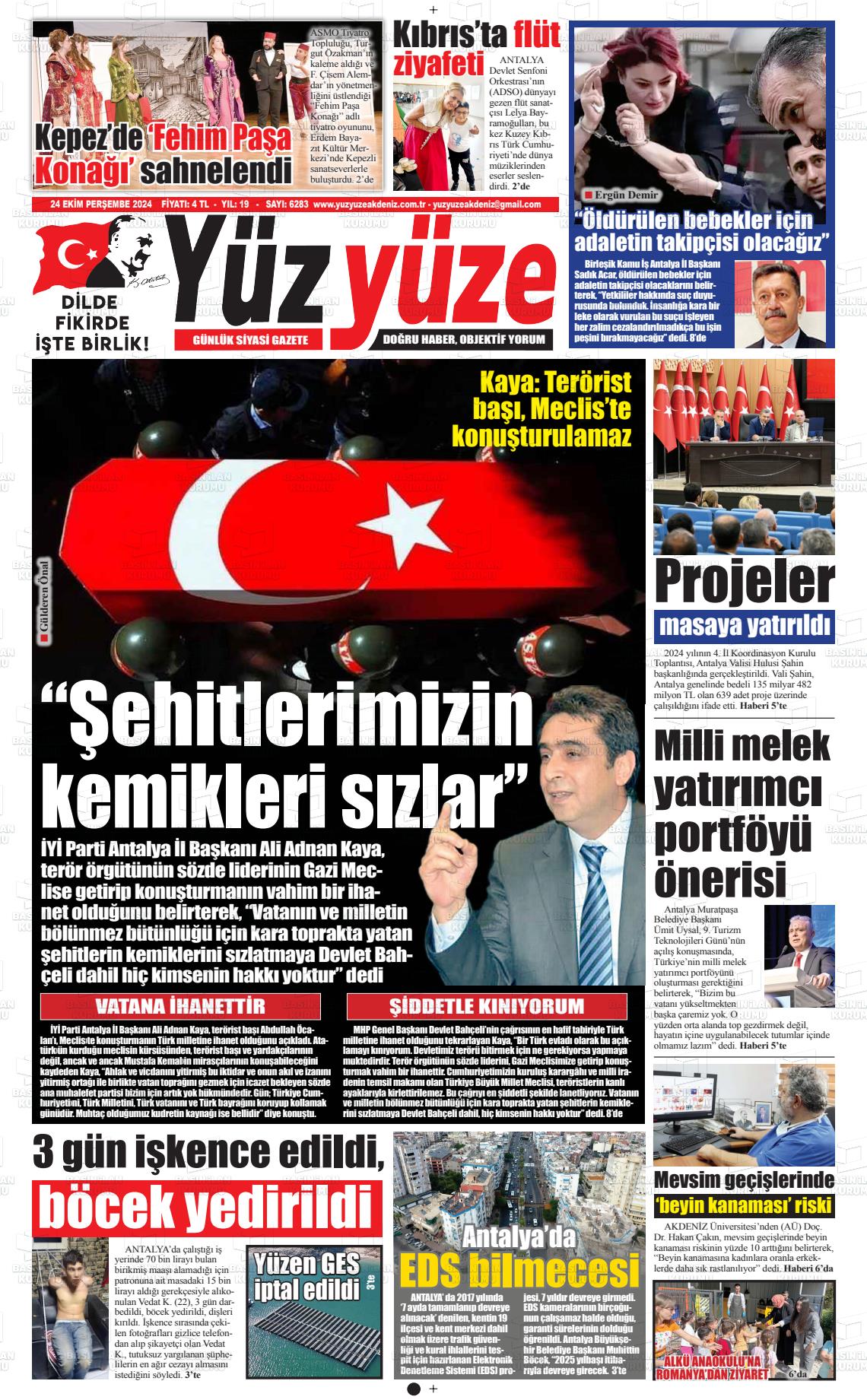 24 Ekim 2024 Yüz Yüze Akdeniz Gazete Manşeti