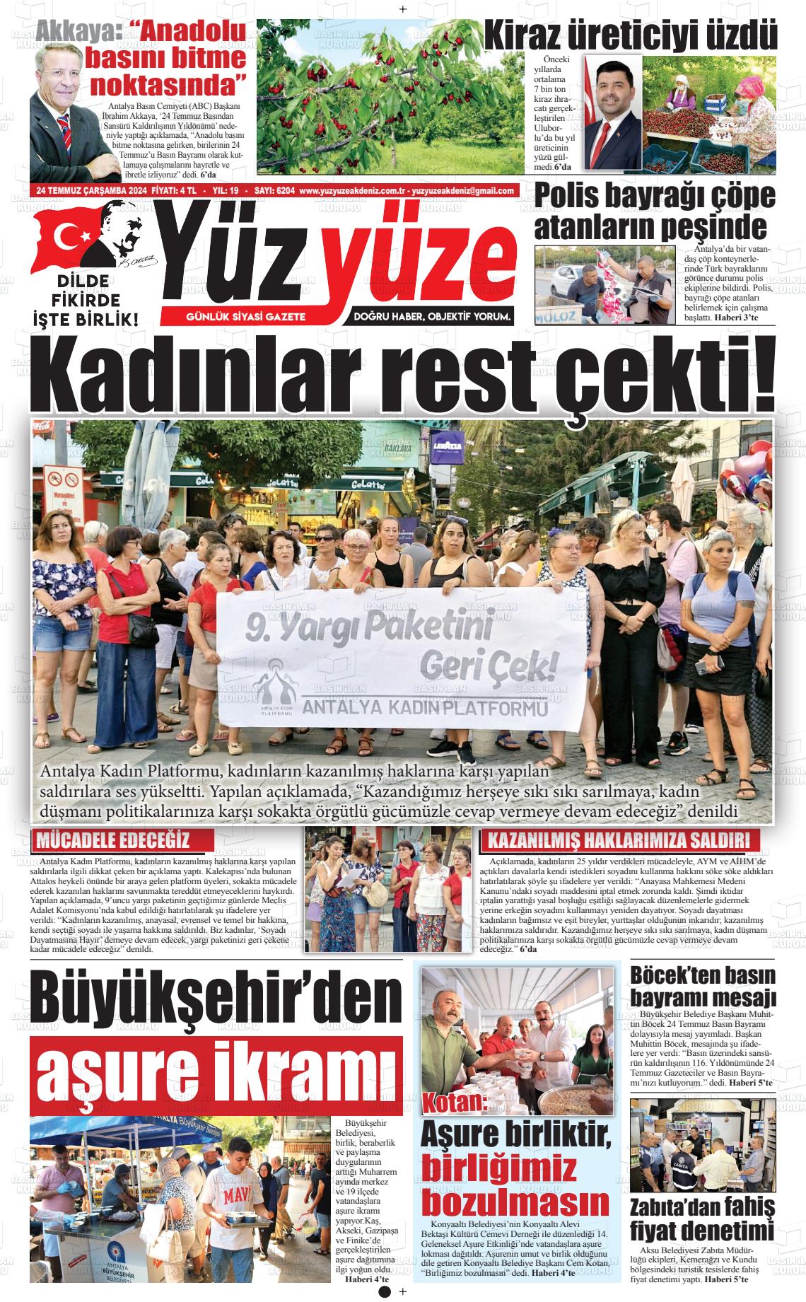 24 Temmuz 2024 Yüz Yüze Akdeniz Gazete Manşeti