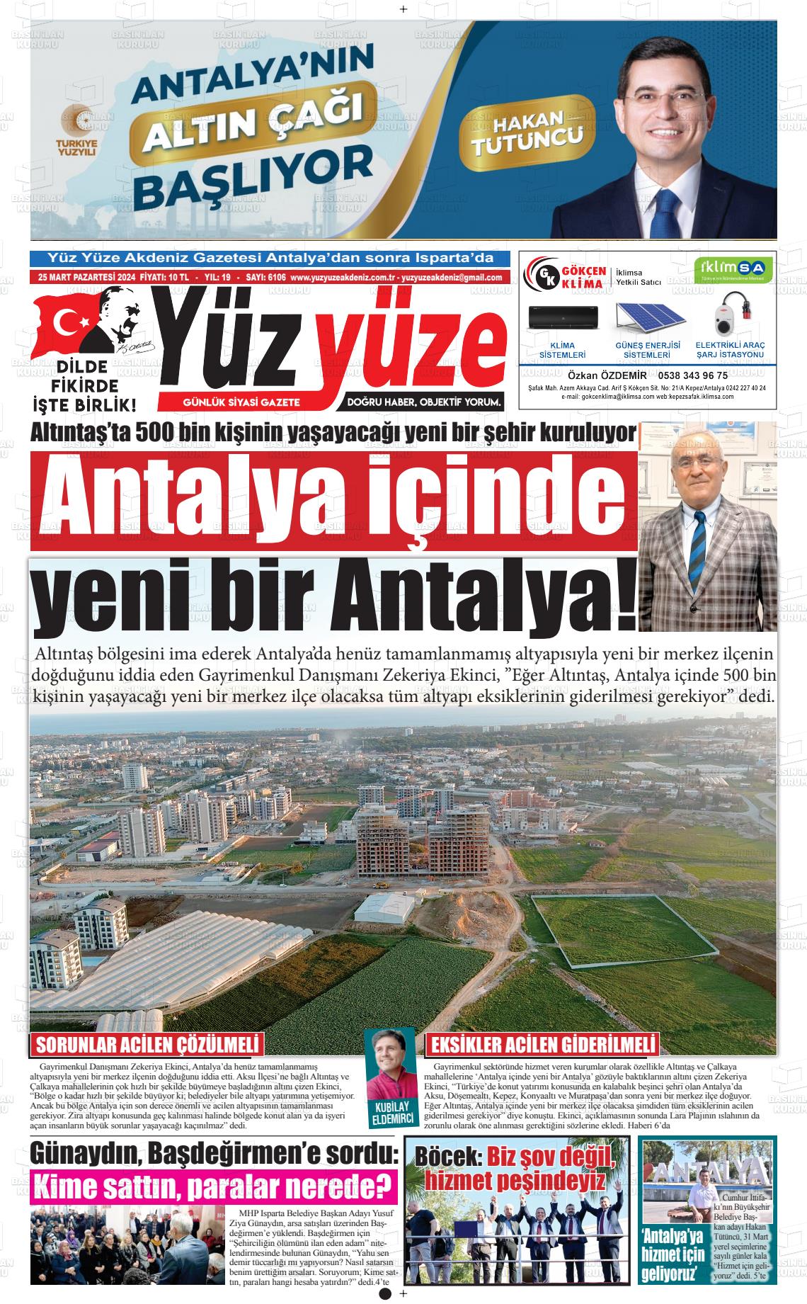 25 Mart 2024 Yüz Yüze Akdeniz Gazete Manşeti