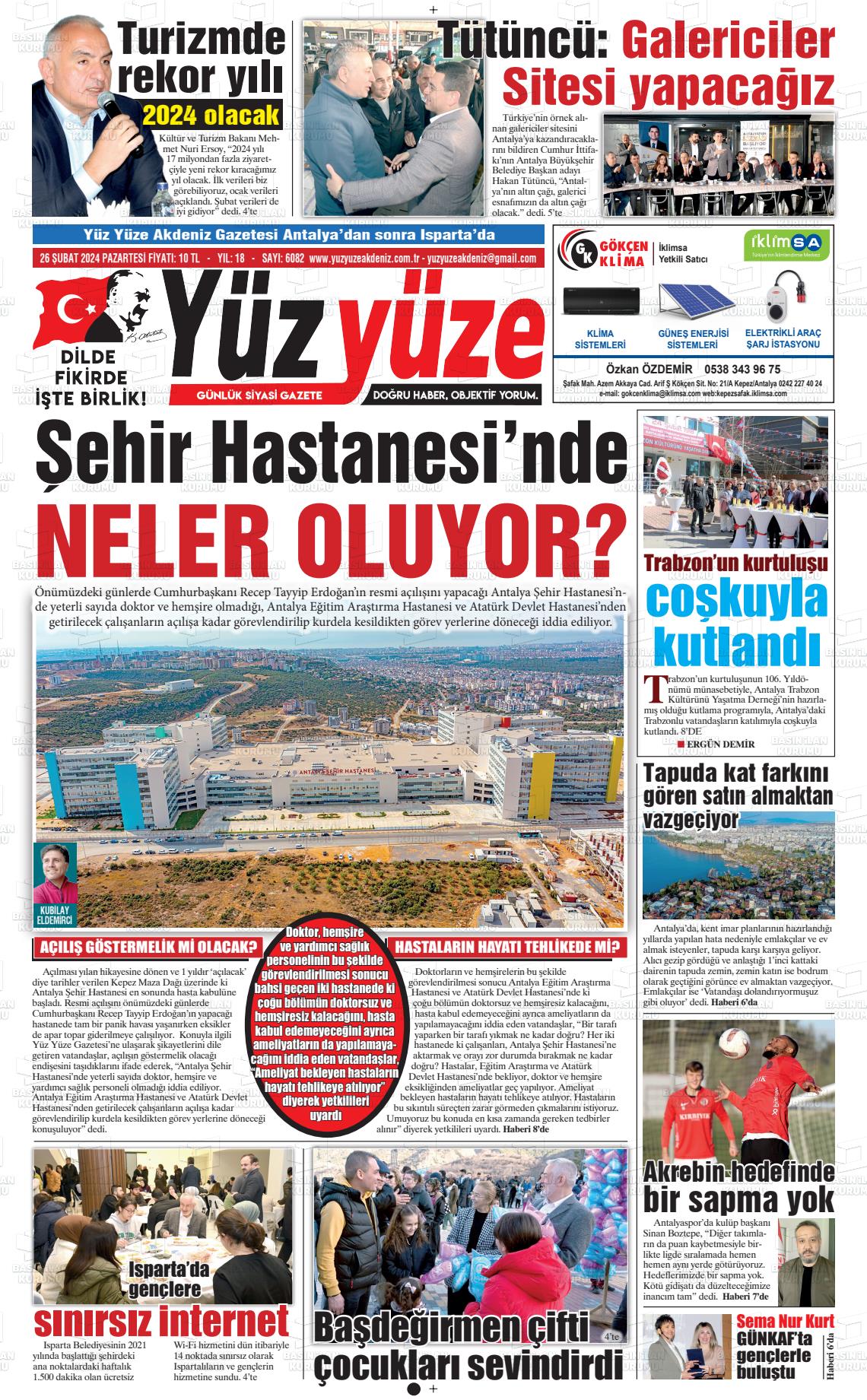 26 Şubat 2024 Yüz Yüze Akdeniz Gazete Manşeti