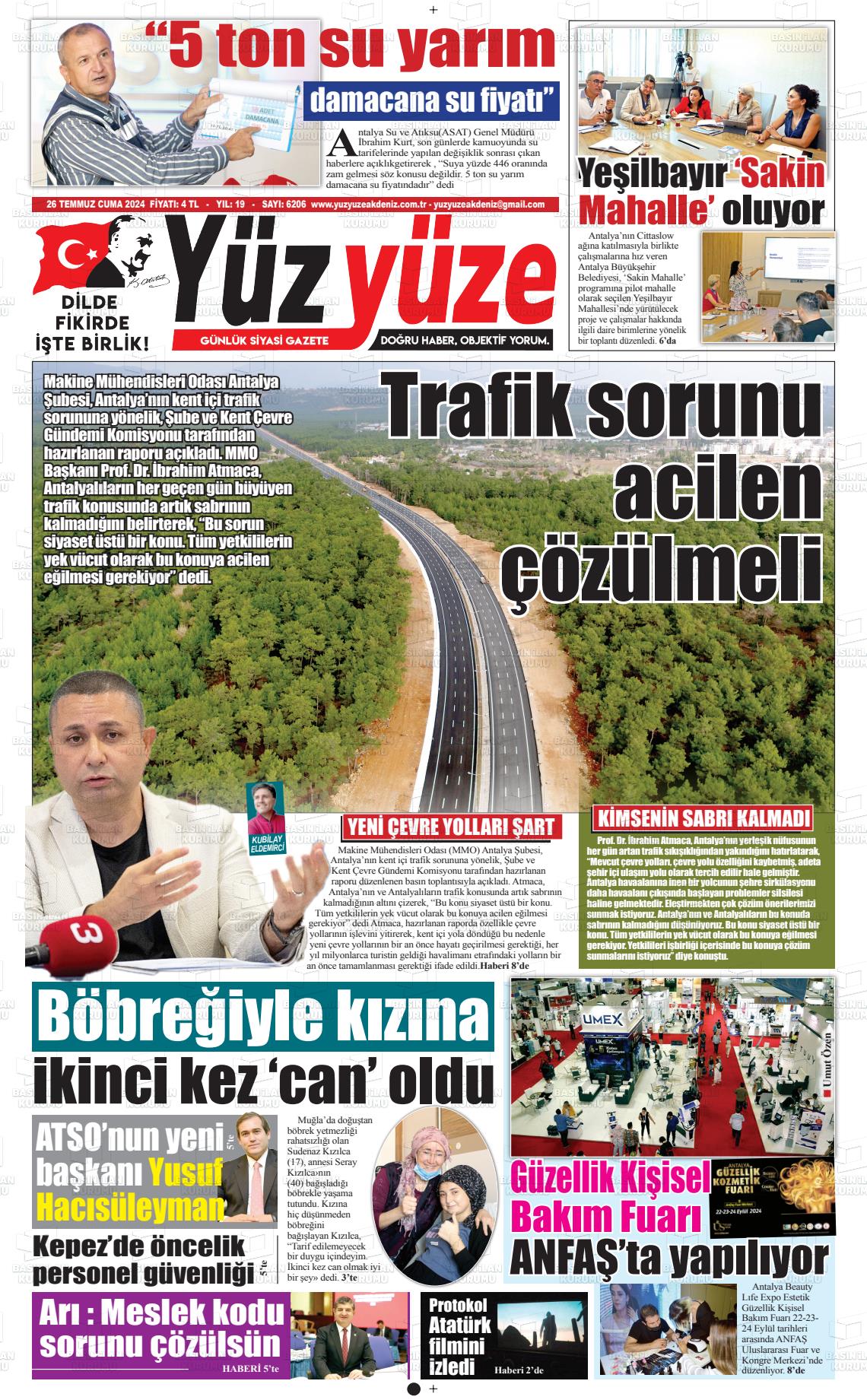 26 Temmuz 2024 Yüz Yüze Akdeniz Gazete Manşeti