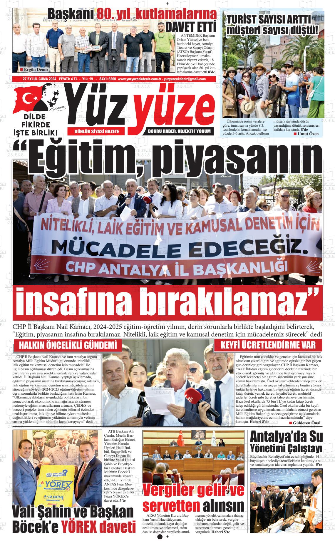 27 Eylül 2024 Yüz Yüze Akdeniz Gazete Manşeti