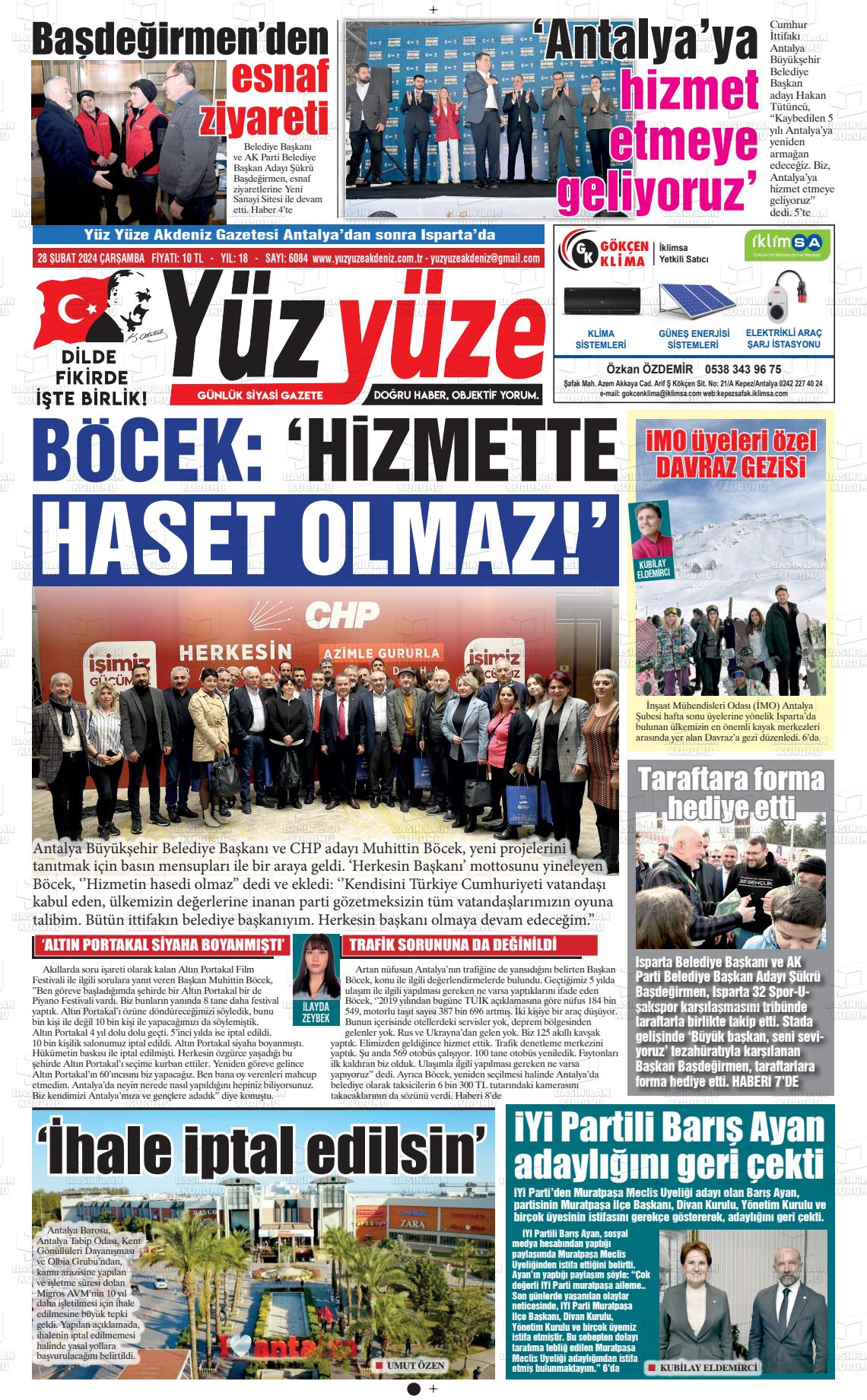 28 Şubat 2024 Yüz Yüze Akdeniz Gazete Manşeti