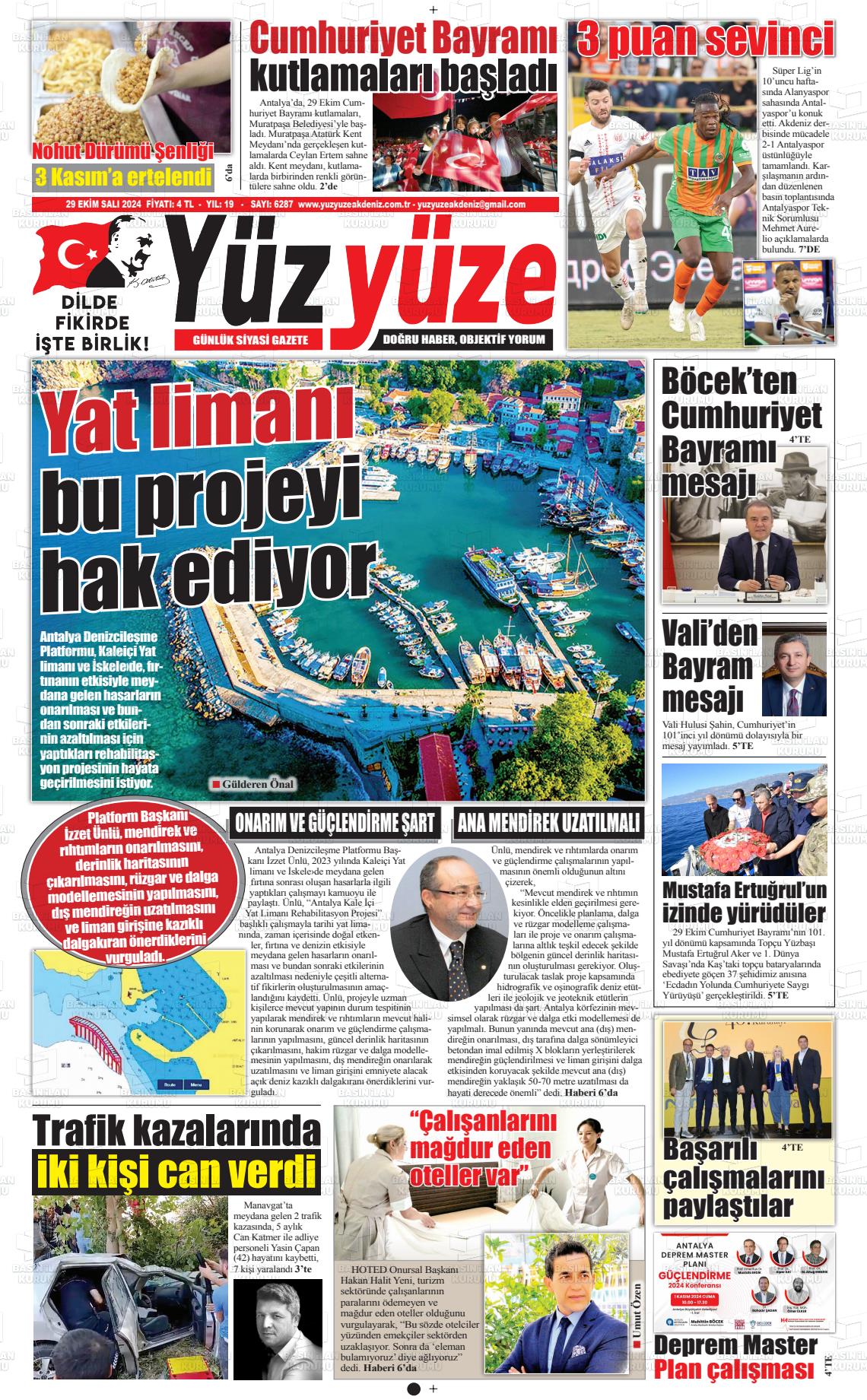 29 Ekim 2024 Yüz Yüze Akdeniz Gazete Manşeti