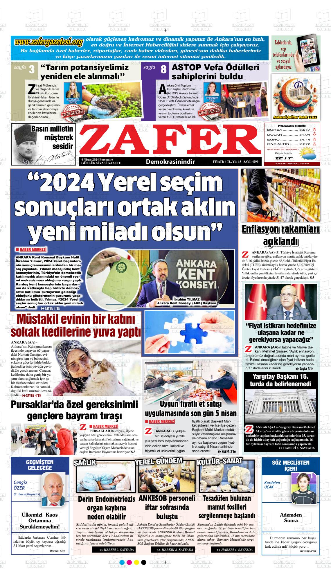 04 Nisan 2024 Zafer Gazete Manşeti