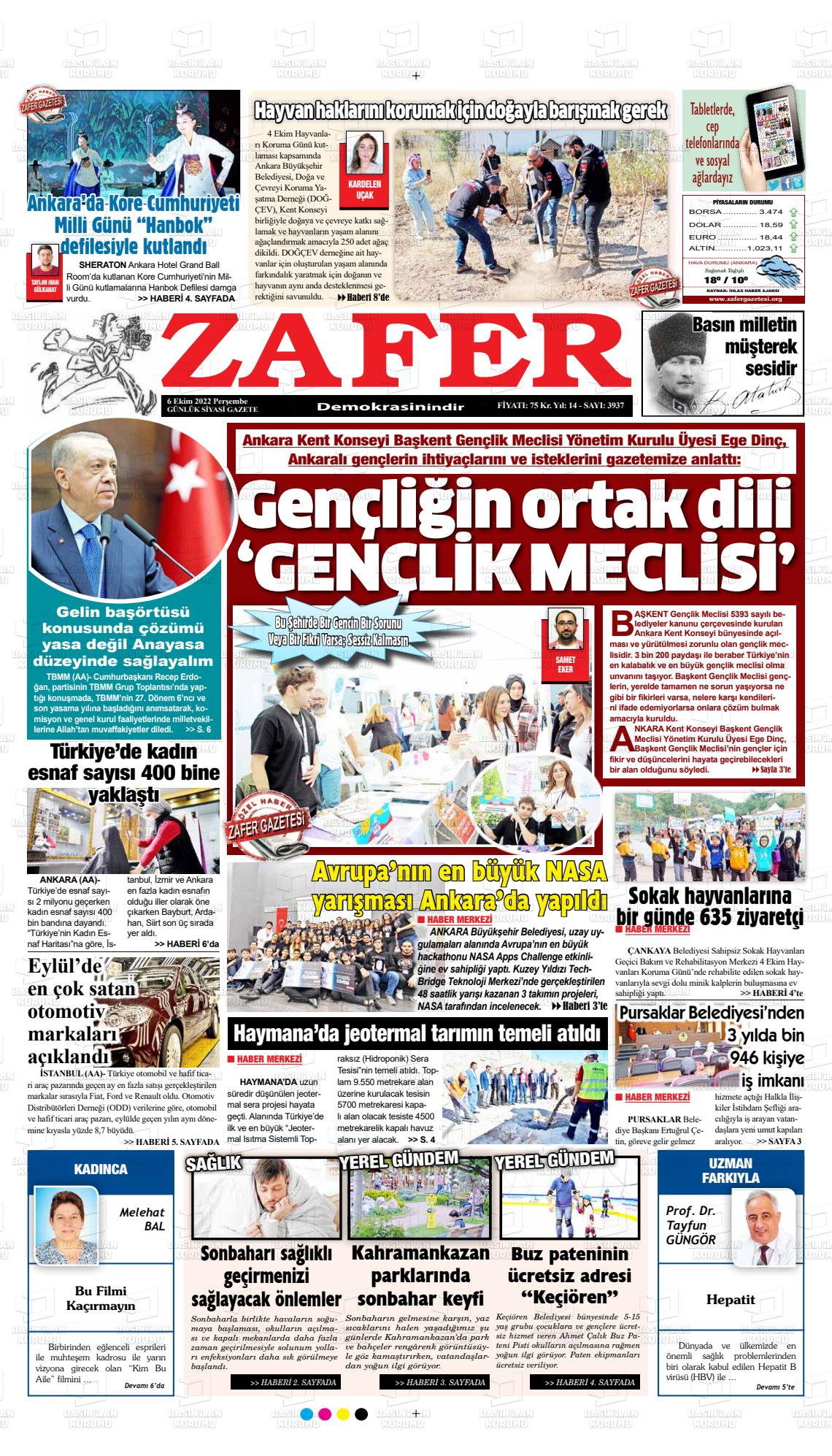 06 Ekim 2022 Zafer Gazete Manşeti