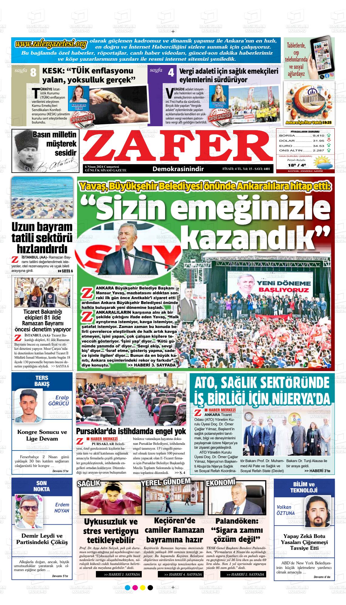 06 Nisan 2024 Zafer Gazete Manşeti