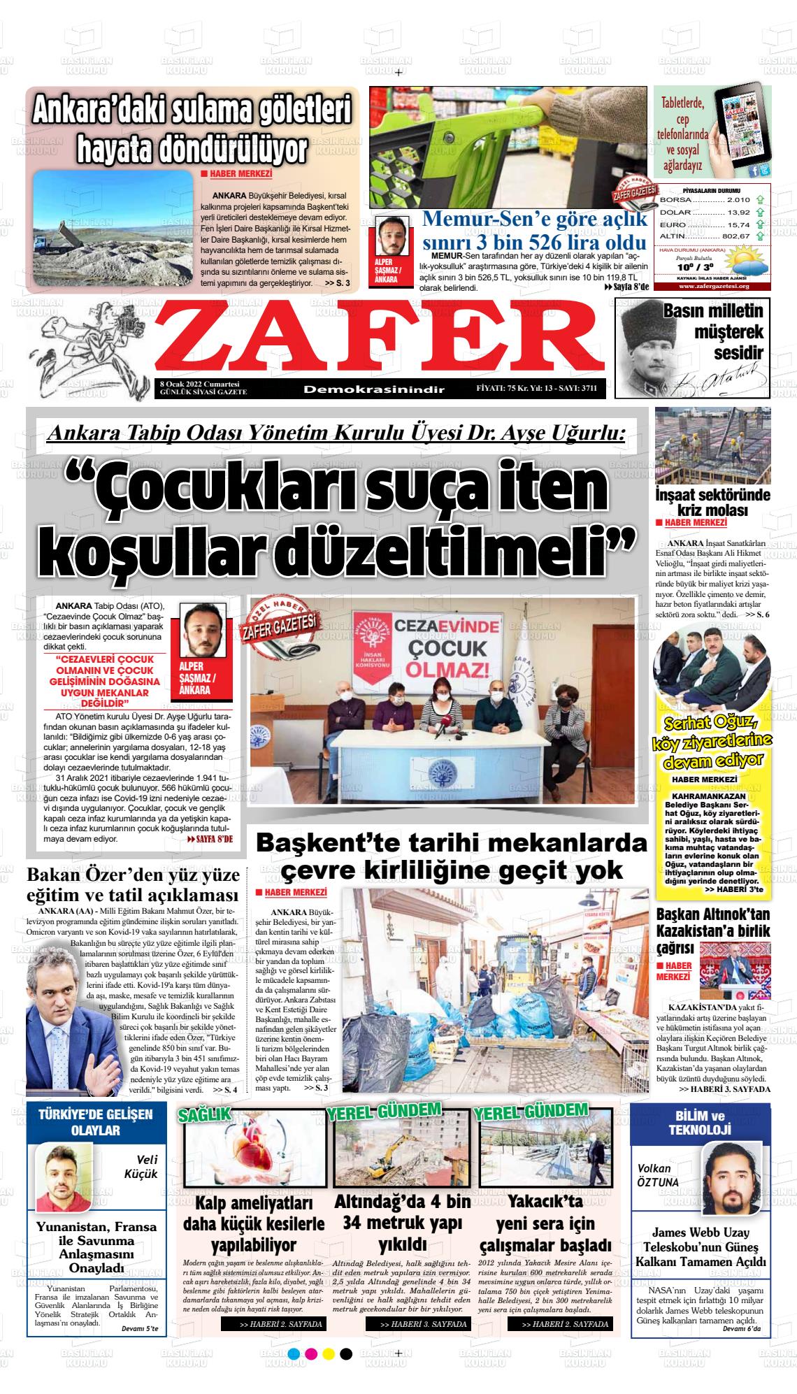 08 Ocak 2022 Zafer Gazete Manşeti