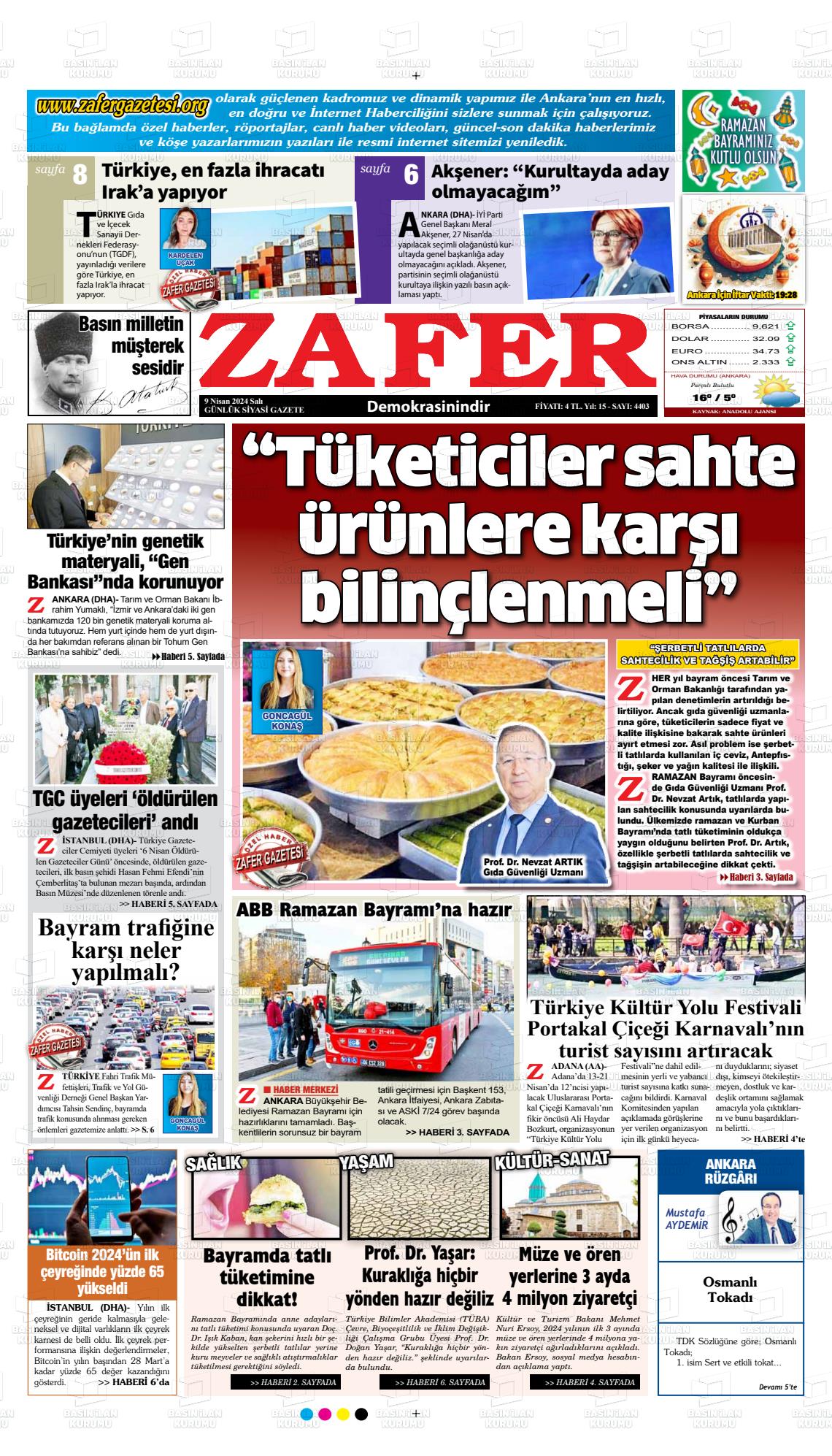 09 Nisan 2024 Zafer Gazete Manşeti