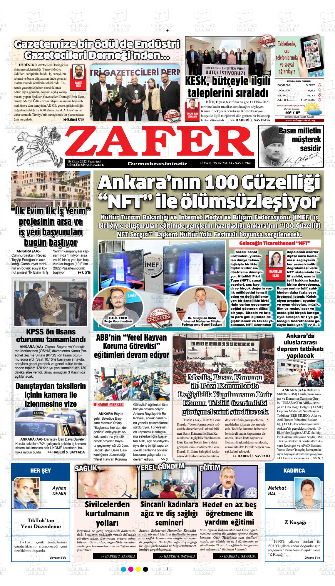 10 Ekim 2022 Zafer Gazete Manşeti