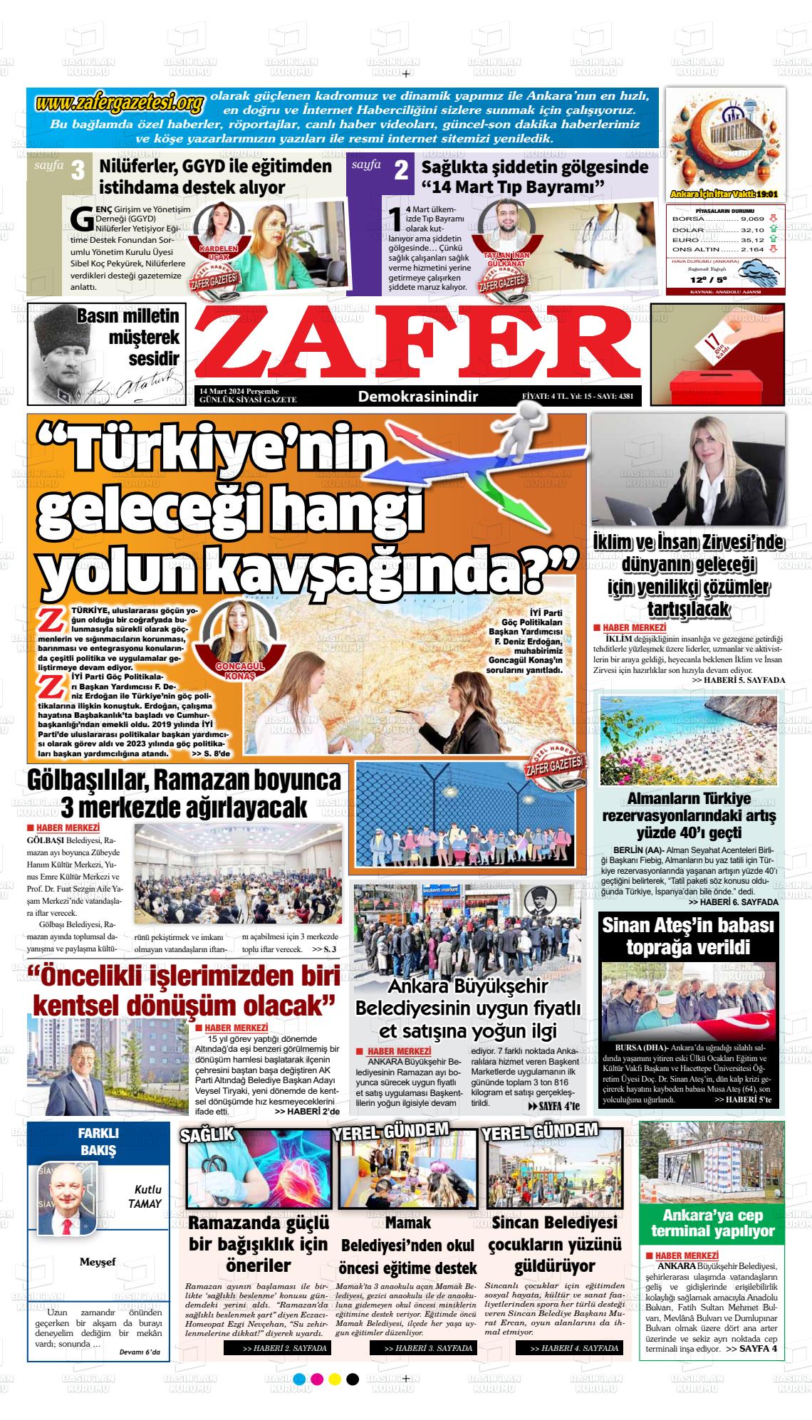 14 Mart 2024 Zafer Gazete Manşeti