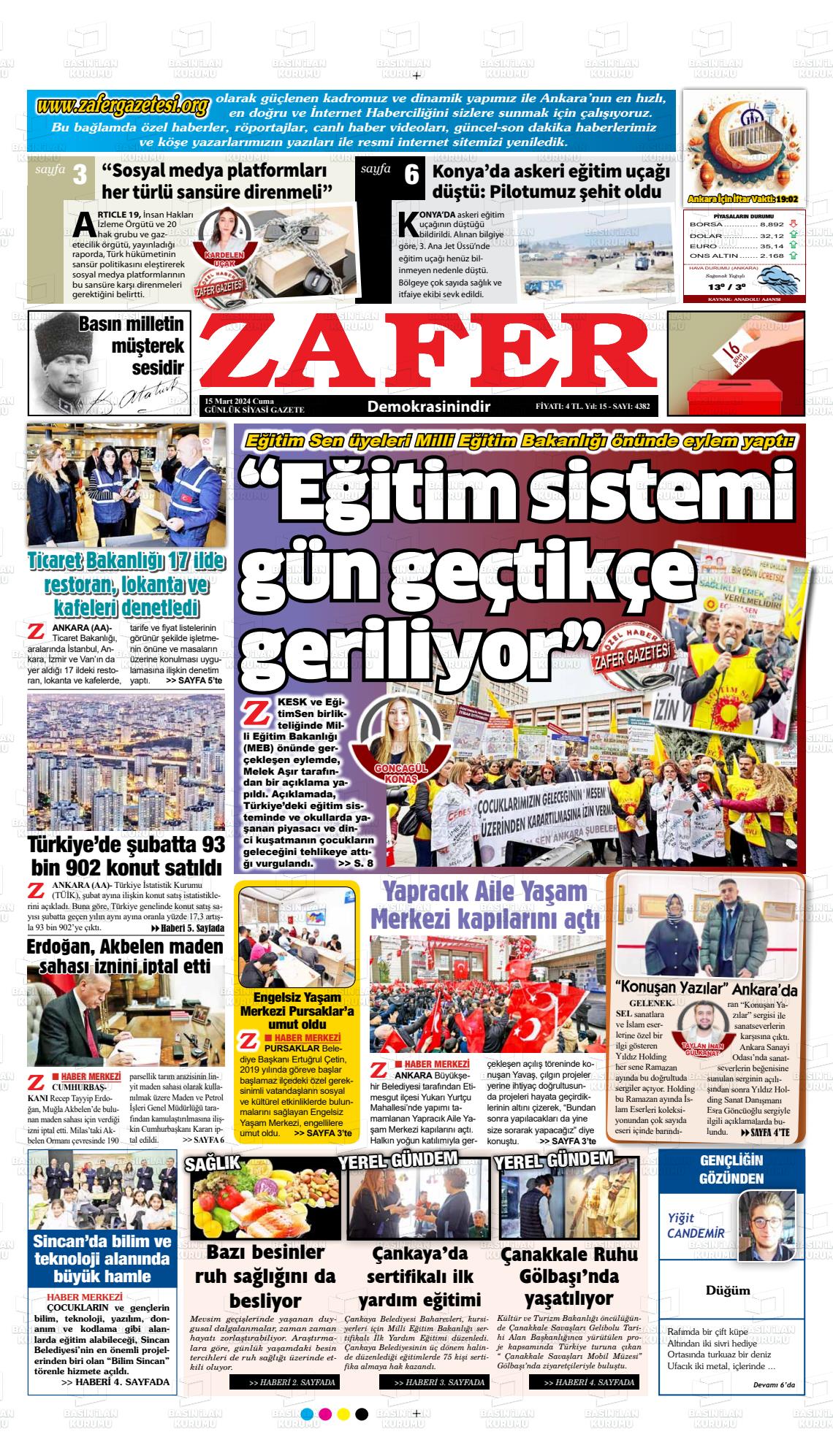 15 Mart 2024 Zafer Gazete Manşeti