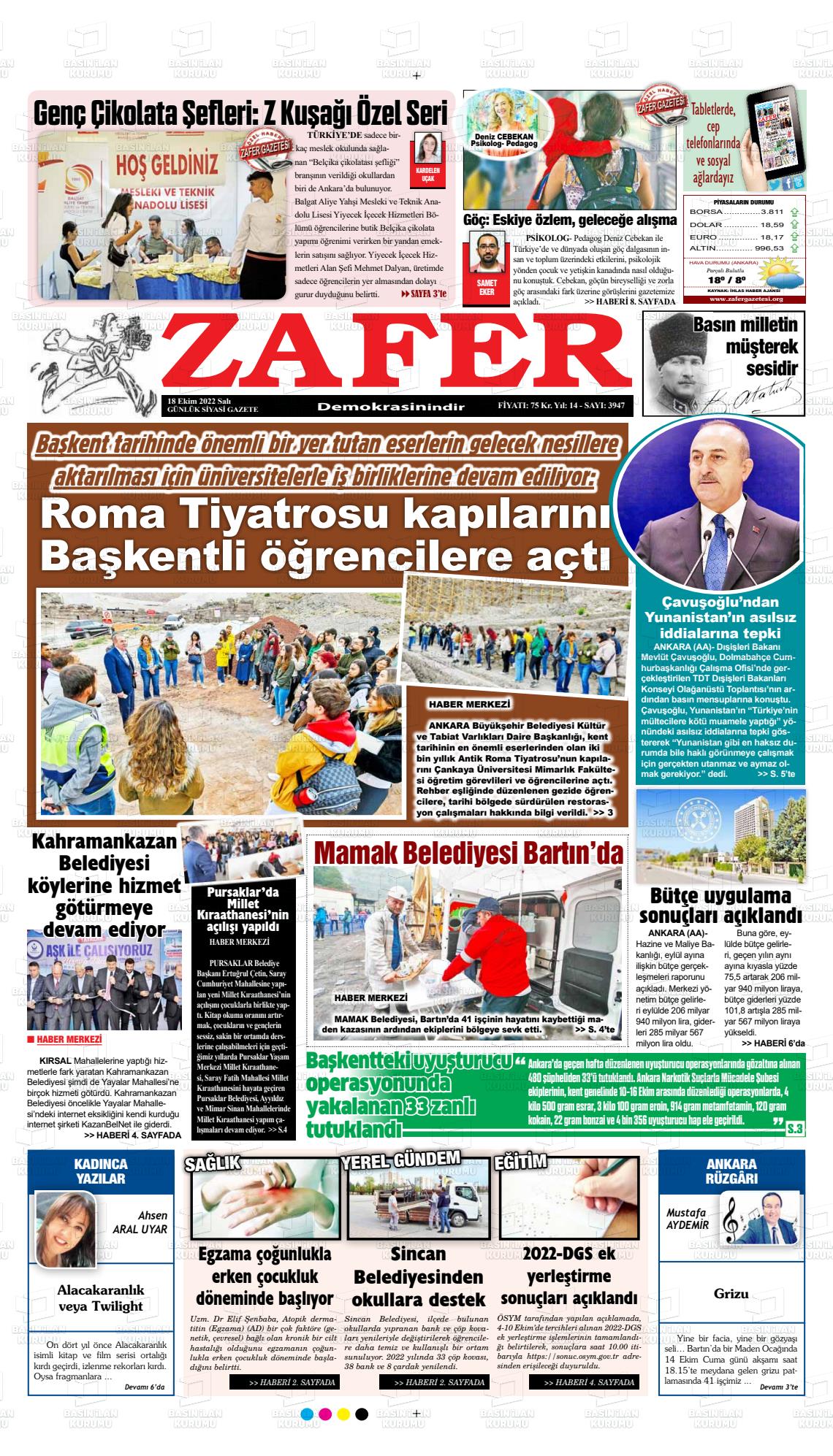 18 Ekim 2022 Zafer Gazete Manşeti