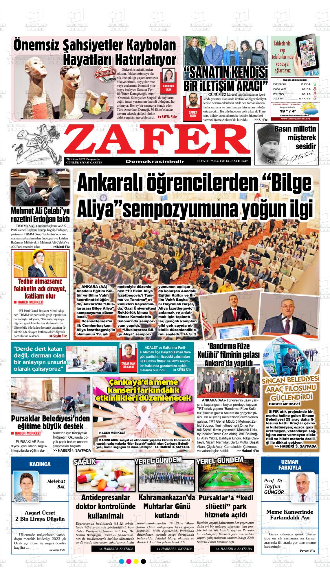 20 Ekim 2022 Zafer Gazete Manşeti