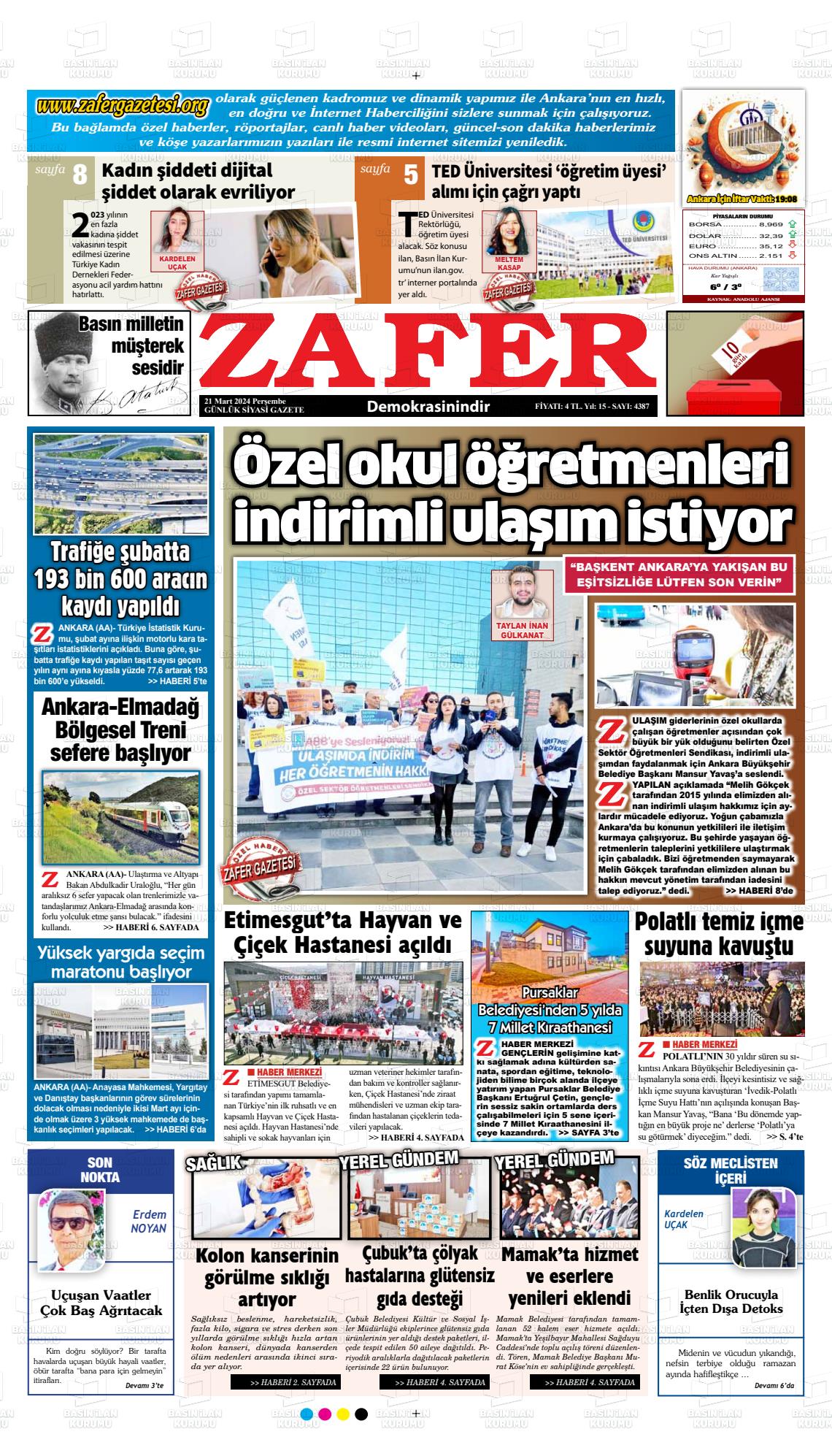 21 Mart 2024 Zafer Gazete Manşeti