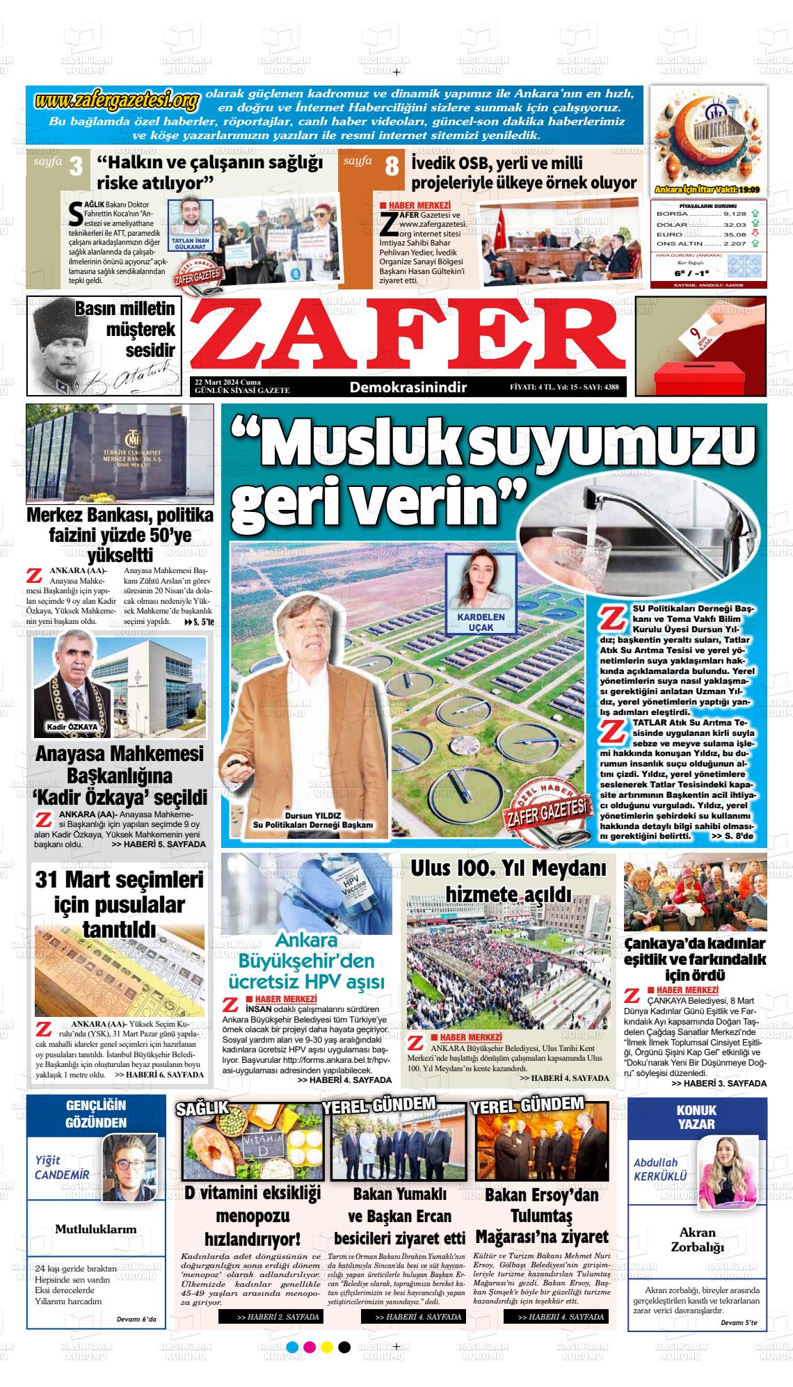 22 Mart 2024 Zafer Gazete Manşeti