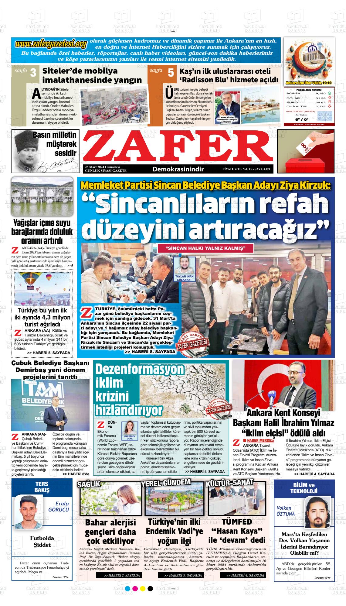 23 Mart 2024 Zafer Gazete Manşeti