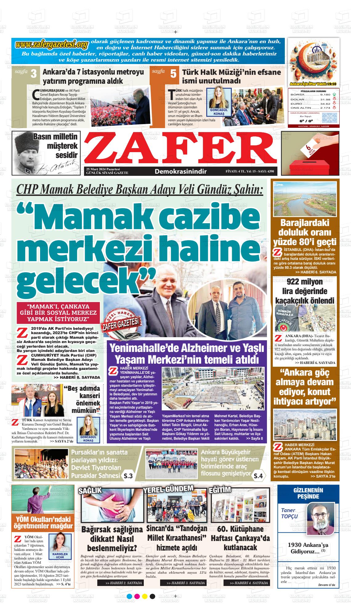 25 Mart 2024 Zafer Gazete Manşeti