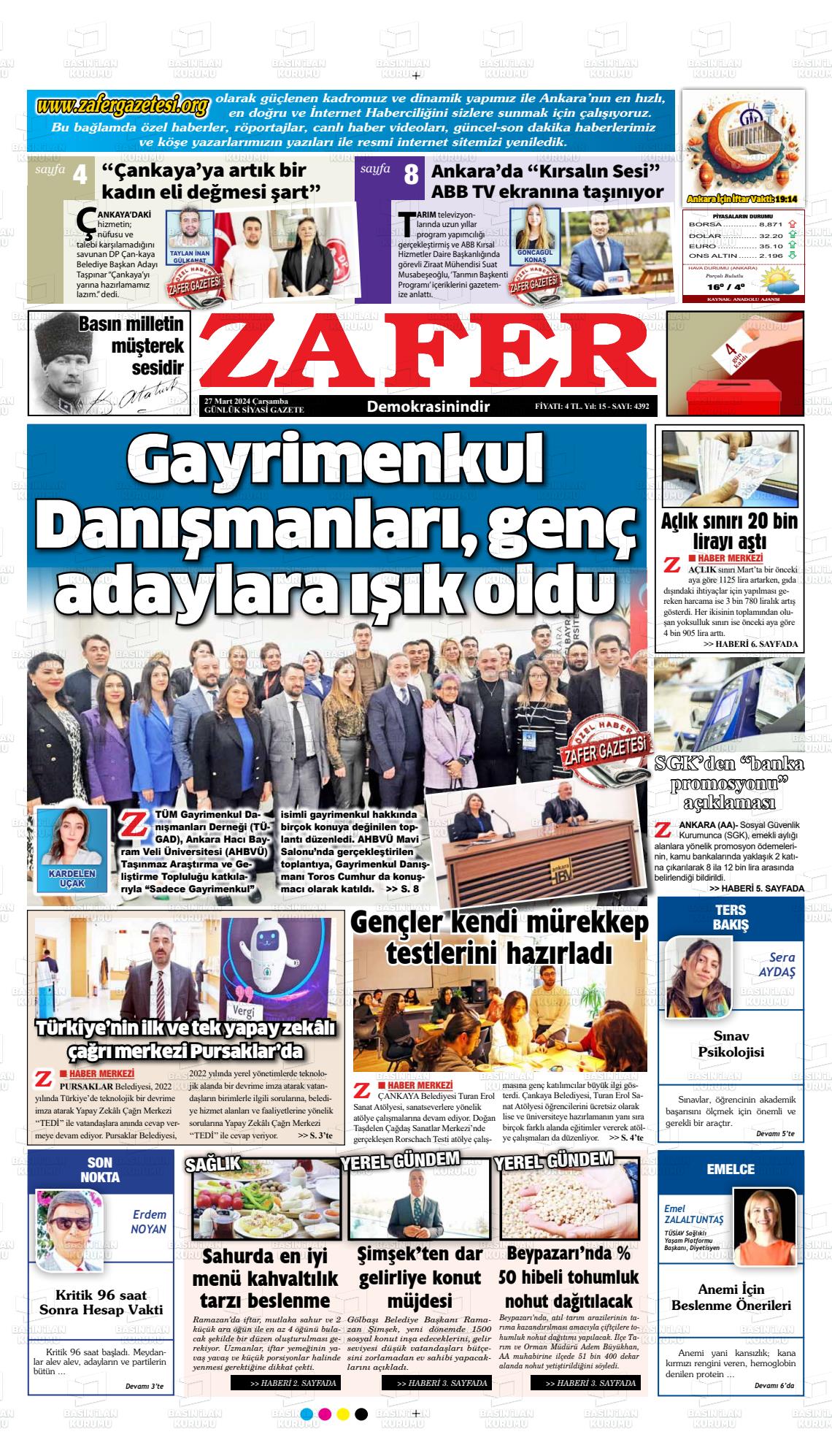 27 Mart 2024 Zafer Gazete Manşeti