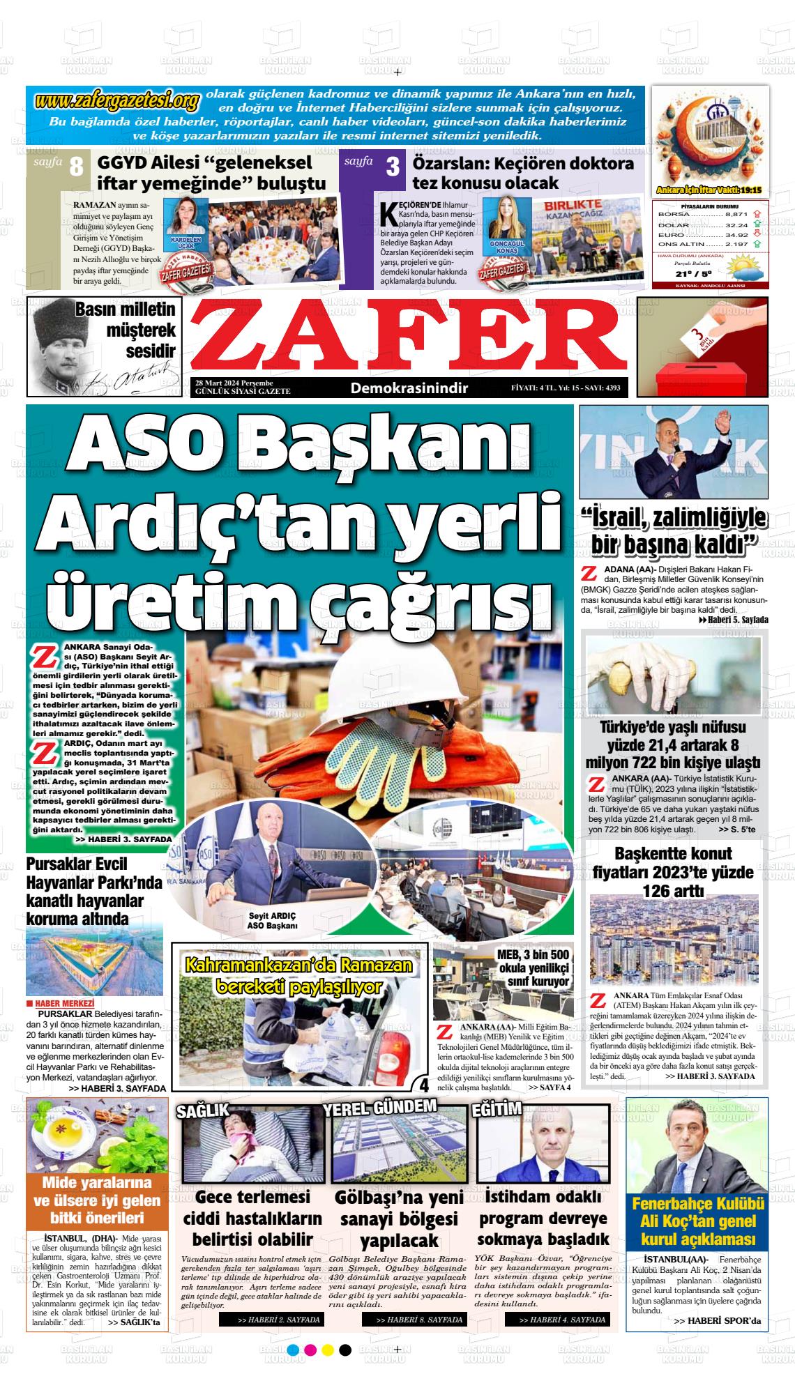 28 Mart 2024 Zafer Gazete Manşeti