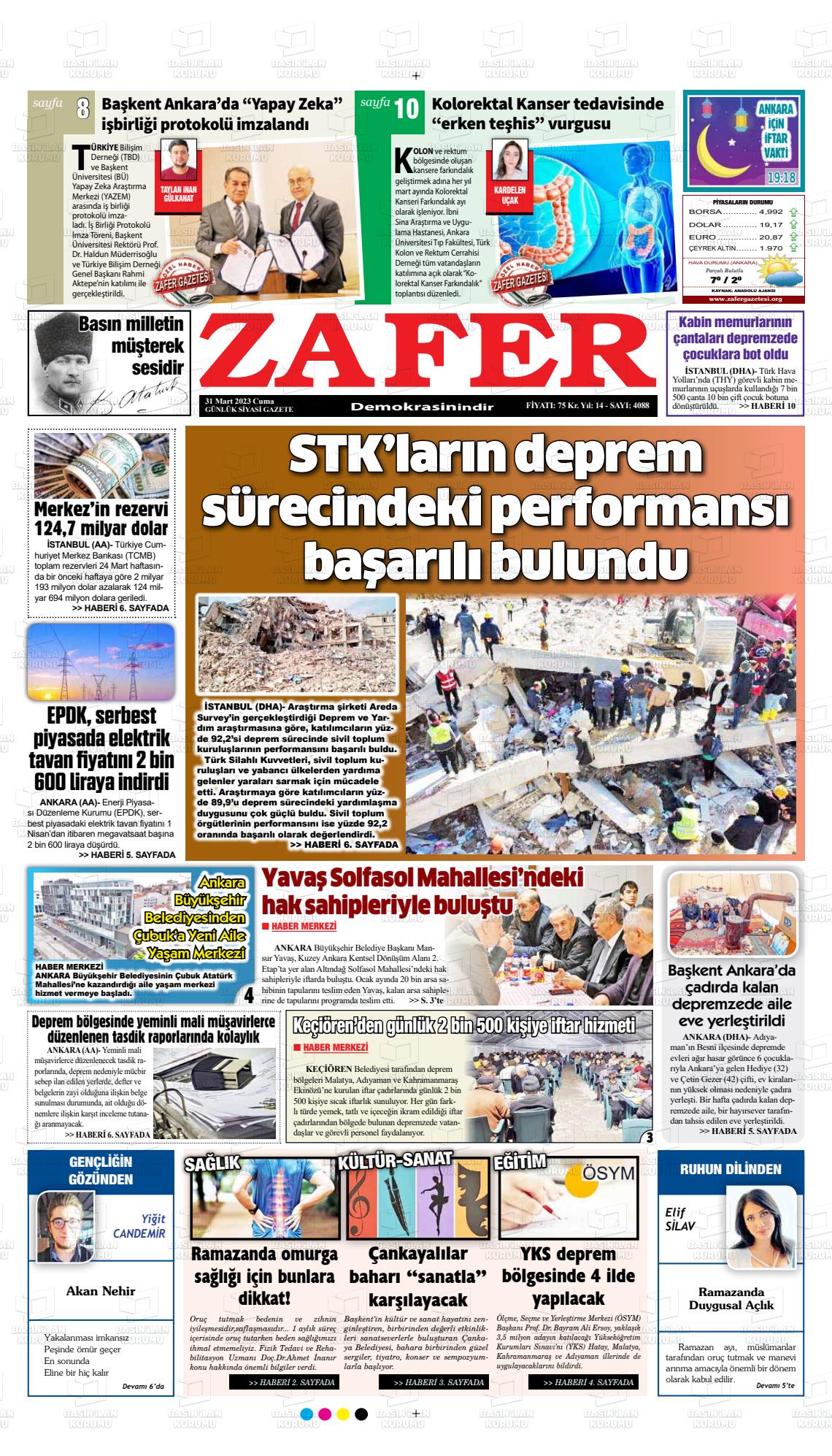 31 Mart 2023 Zafer Gazete Manşeti